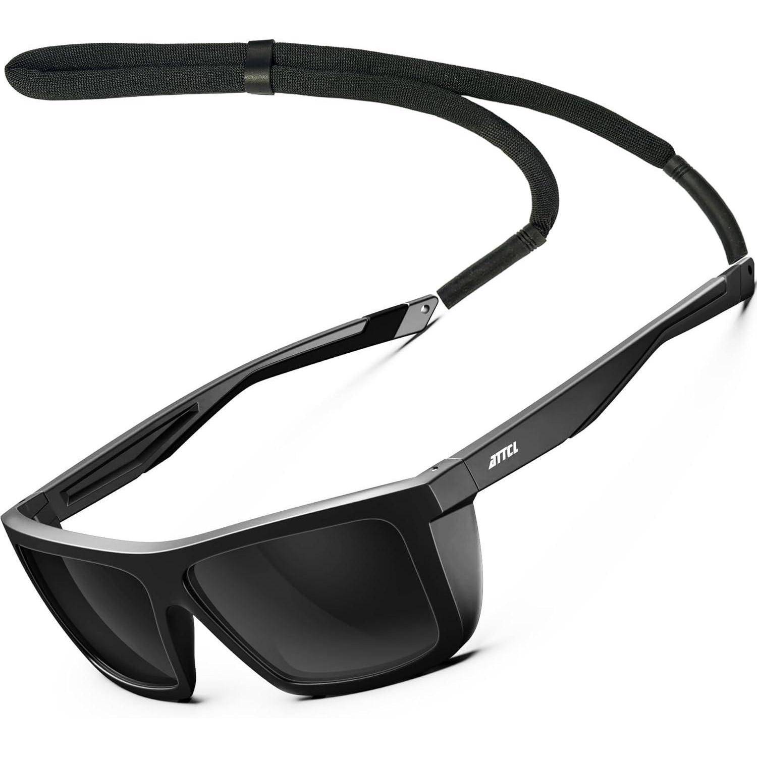 Schwarze Wraparound-Sonnenbrille mit schwarzem Nackengurt, die ein schlankes, modernes Design für den Outdoorgebrauch aufweist.
