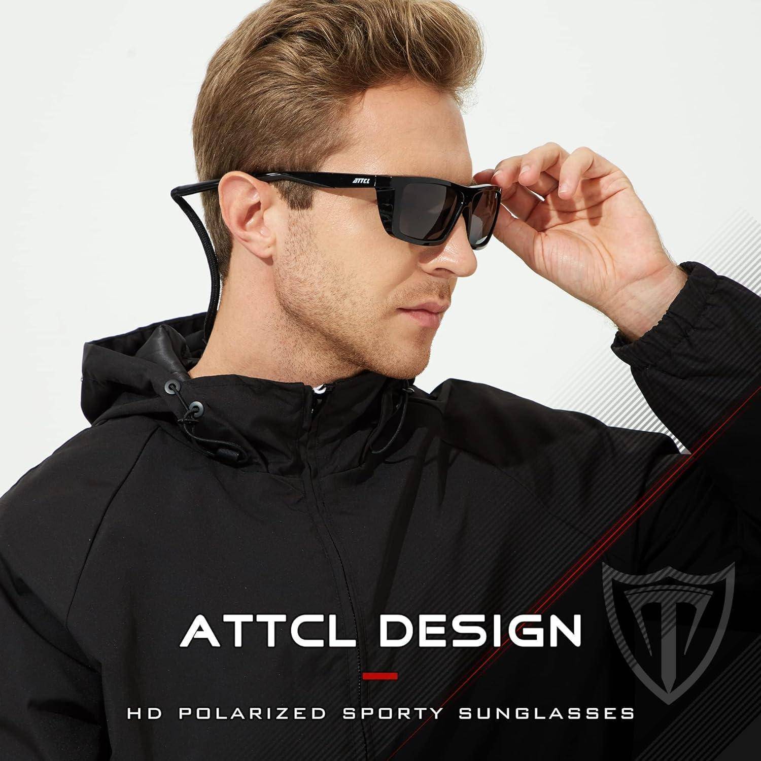 Eine Person, die 'ATTCL Design' HD-polarisierte sportliche Sonnenbrille trägt, in einer Seitenansicht gezeigt. Das Bild betont den Stil und das Design der Sonnenbrille.