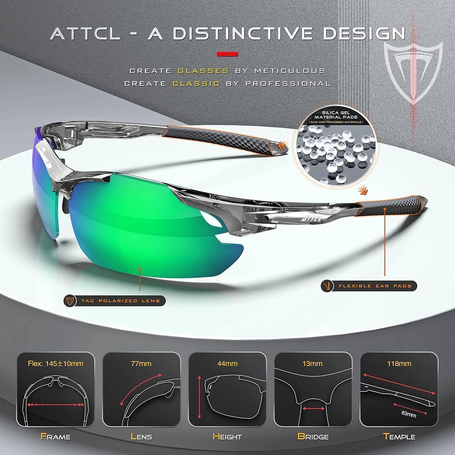 Sonnenbrille Produktbild mit einem markanten Design. Merkmale umfassen TAC polarisierte Linsen, flexible Bügel und Nasenpads.