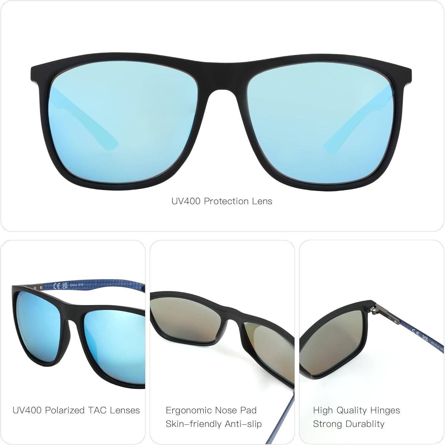 Bild mit Sonnenbrille mit 'UV400 Schutzlinsen'. Weitere Merkmale sind 'Polarisierte TAC-Gläser', 'Ergonomisches Nasenpölster' und 'Hochwertige Scharniere'.