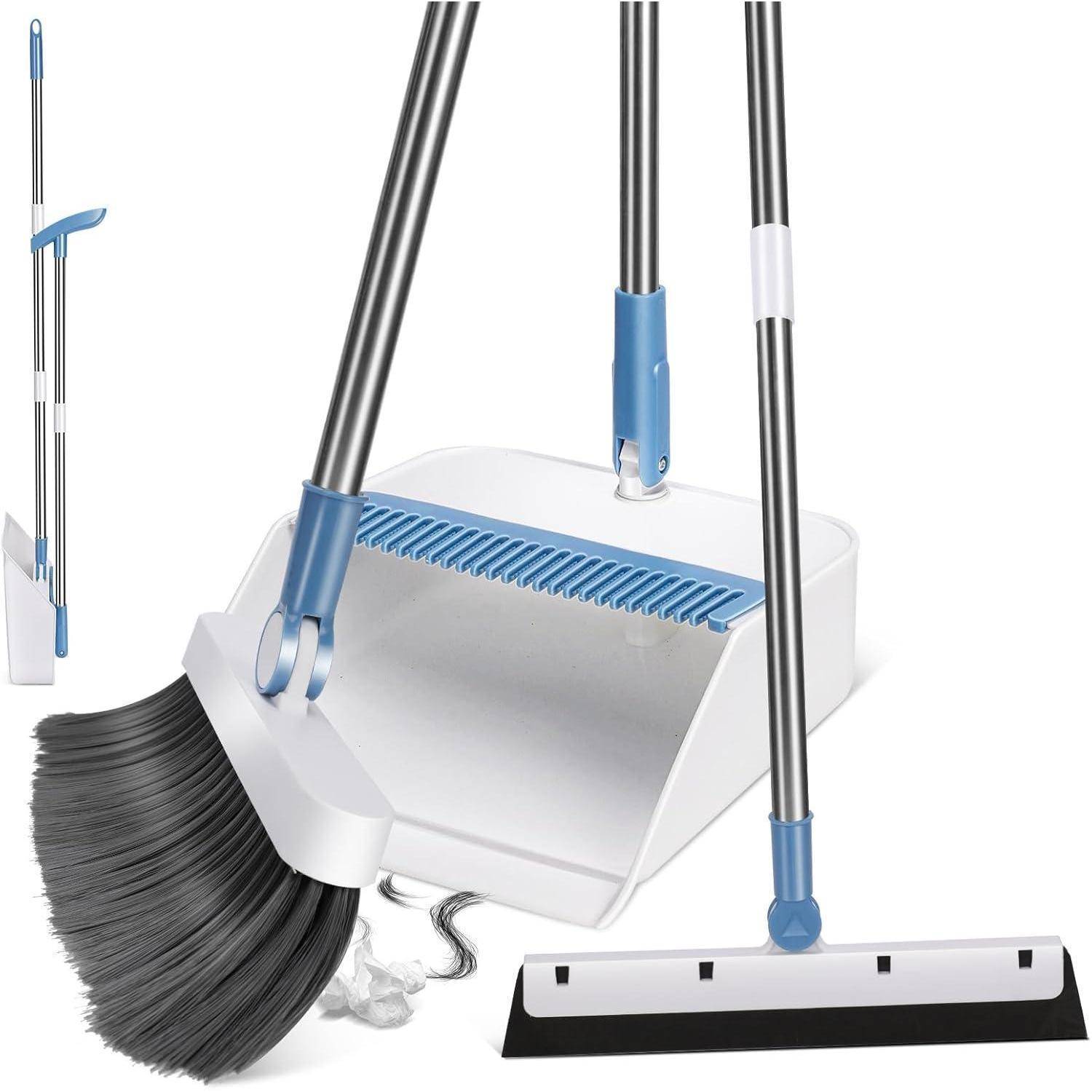 Ein Besen, Kehrschaufel und Abzieher-Set mit Metallgriffen und blauen Akzenten, entwickelt für die Hausreinigung.