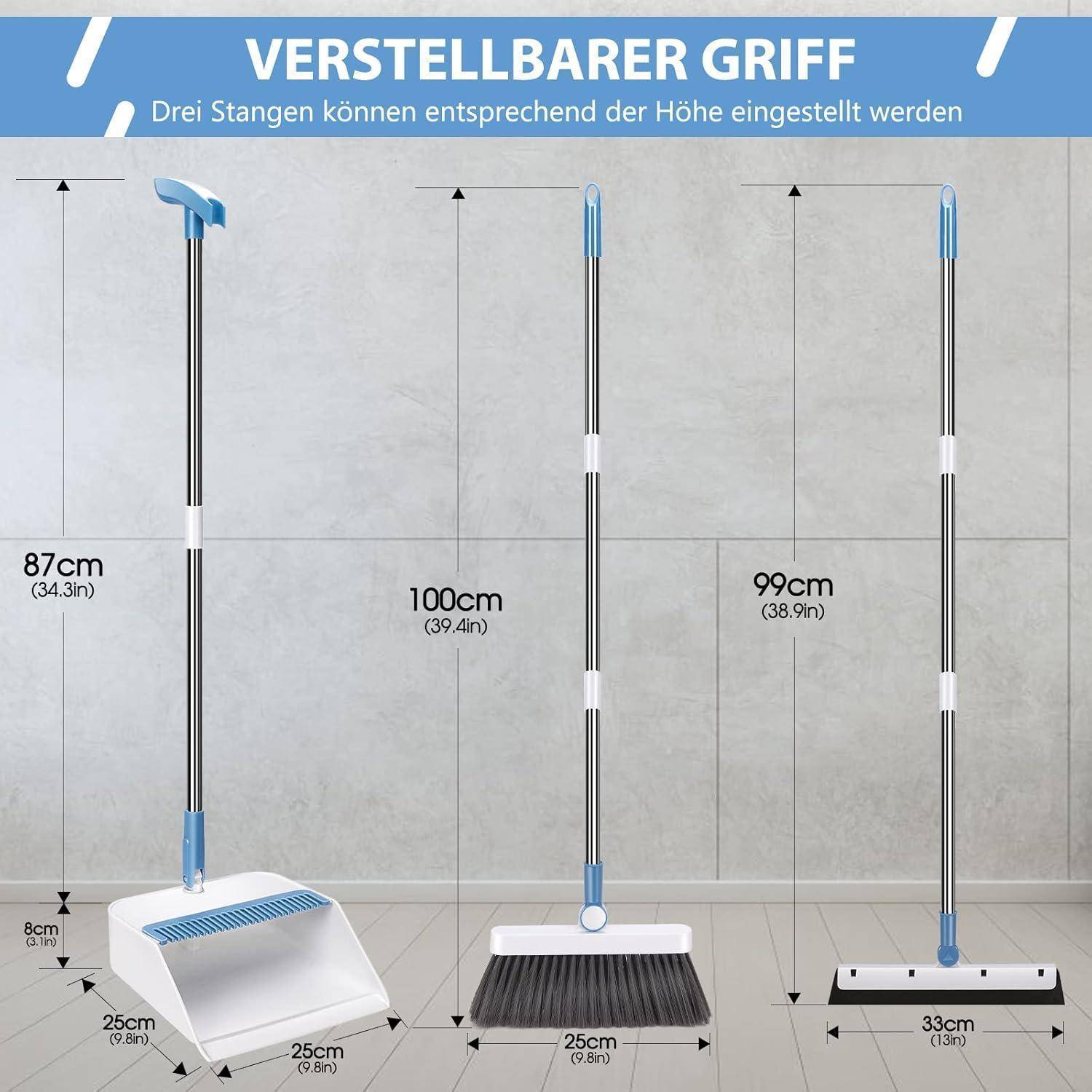 Drei verstellbare Reinigungswerkzeuge auf einem gefliesten Boden, die unterschiedliche Höhen zeigen: 87 cm, 100 cm und 99 cm. Text lautet 'Verstellbarer Griff'.