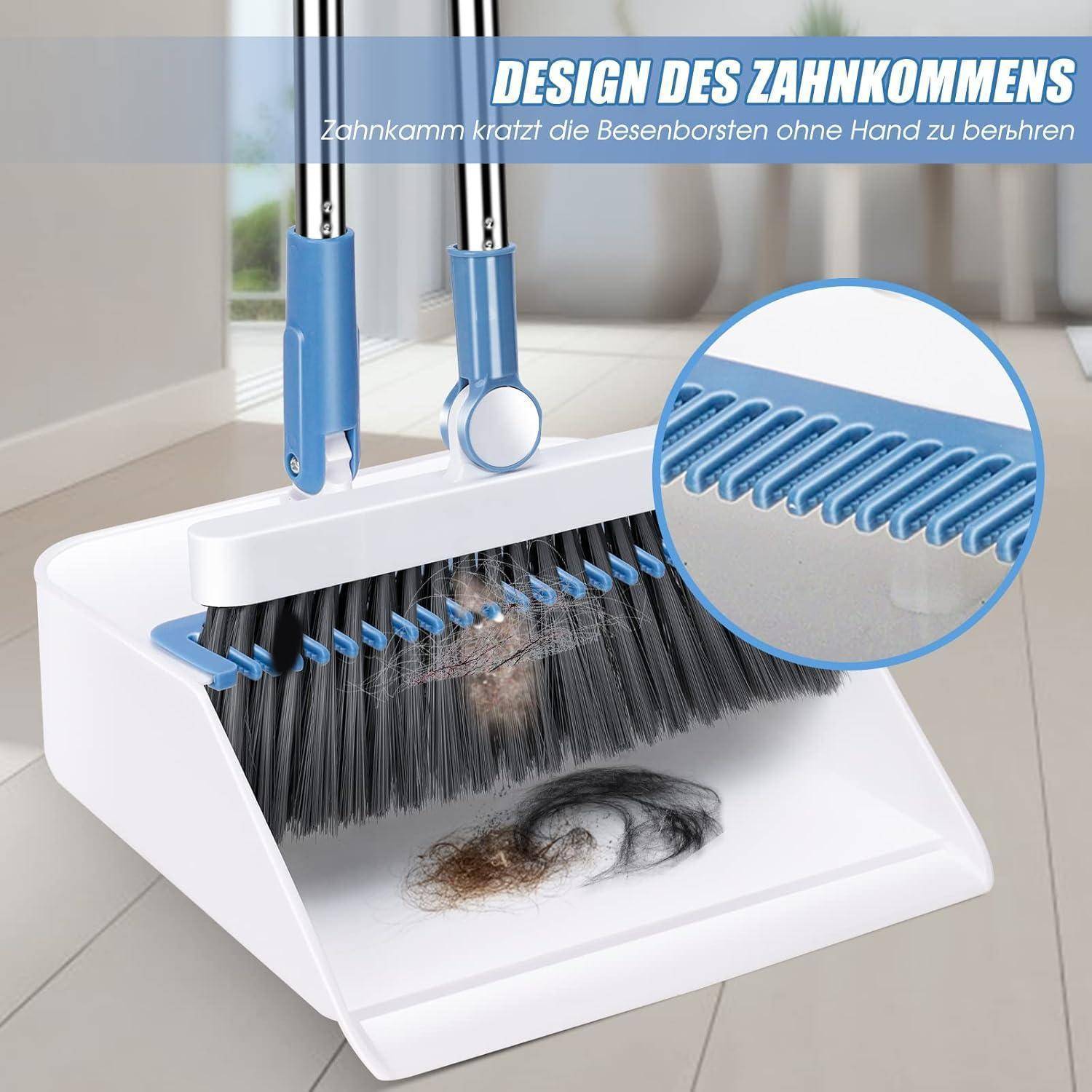 Kehrschaufel mit integriertem Bürstenreinigungskamm für komfortables Reinigen ohne Handeinsatz. Bürste kann einfach abgenommen werden und reinigt Haare und Staub von den Borsten.