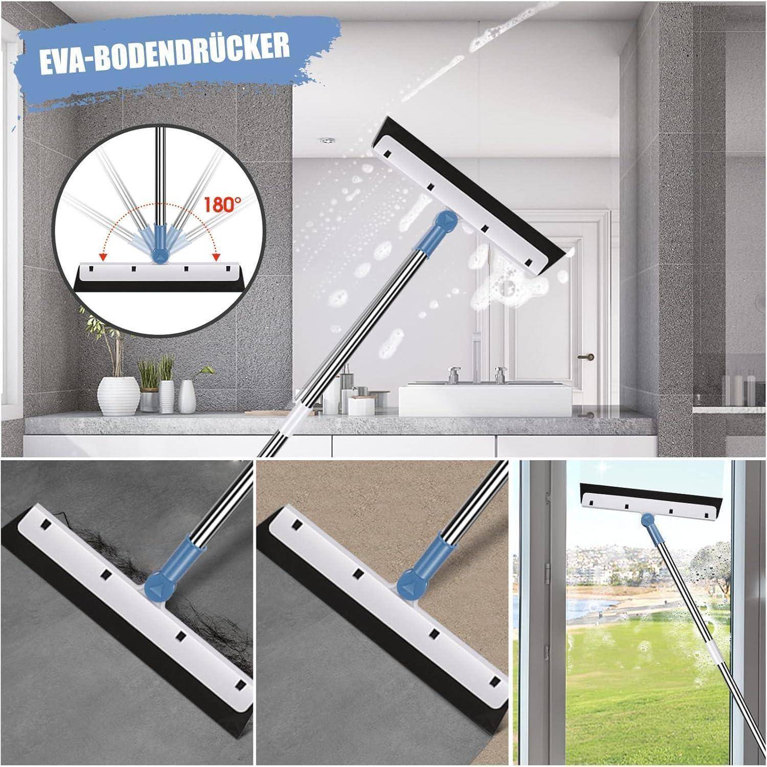 Ein dreiteiliges Bild zeigt einen Wischmopp zum Reinigen von Oberflächen. Ein Abschnitt präsentiert die 180-Grad-Drehfunktion des Mopps, ein anderer zeigt ihn beim Reinigen einer Wand und der letzte beim Säubern eines Fensters.