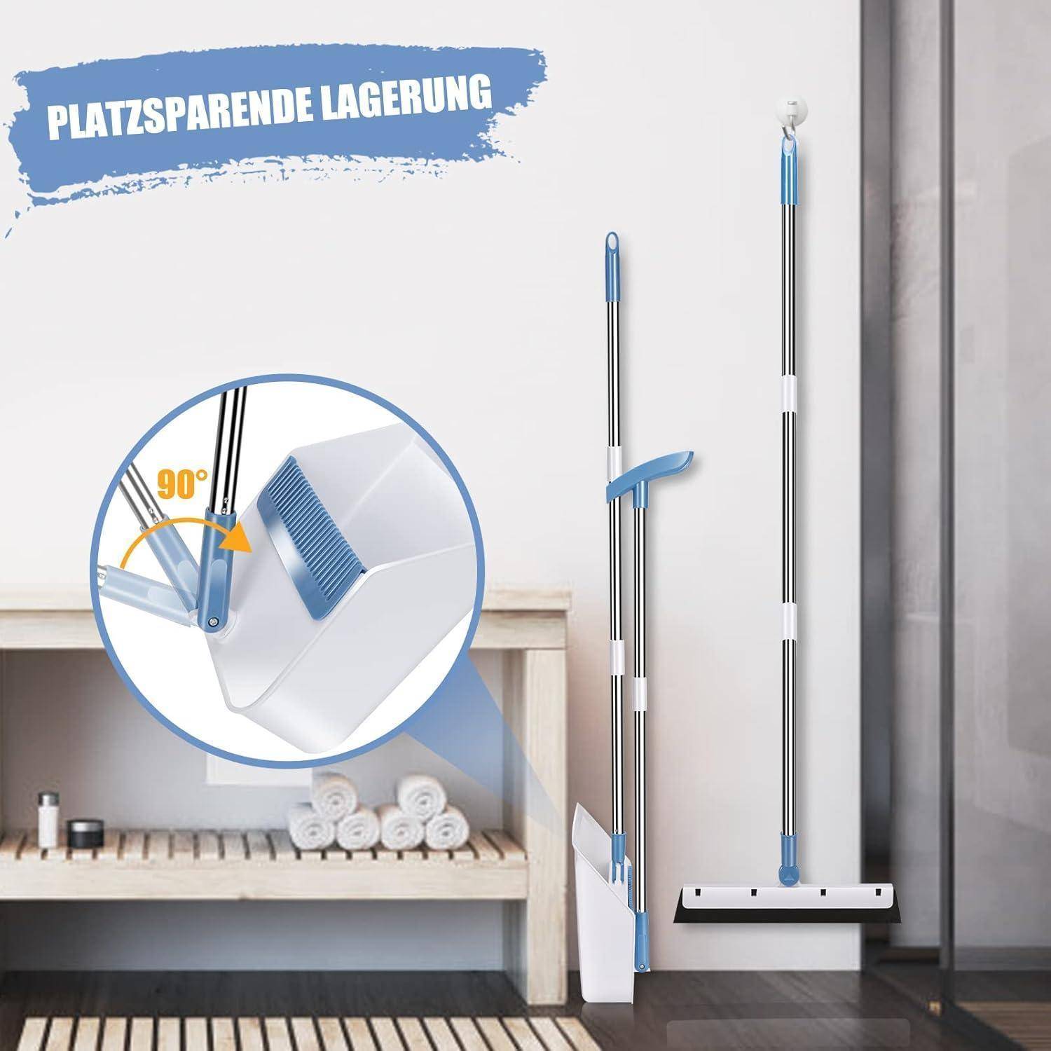 Platzsparender Besen und Kehrschaufel-Set mit vertikaler Lagerungsfunktion, in Gebrauch und verstaut gezeigt, ideal für kleine Räume.