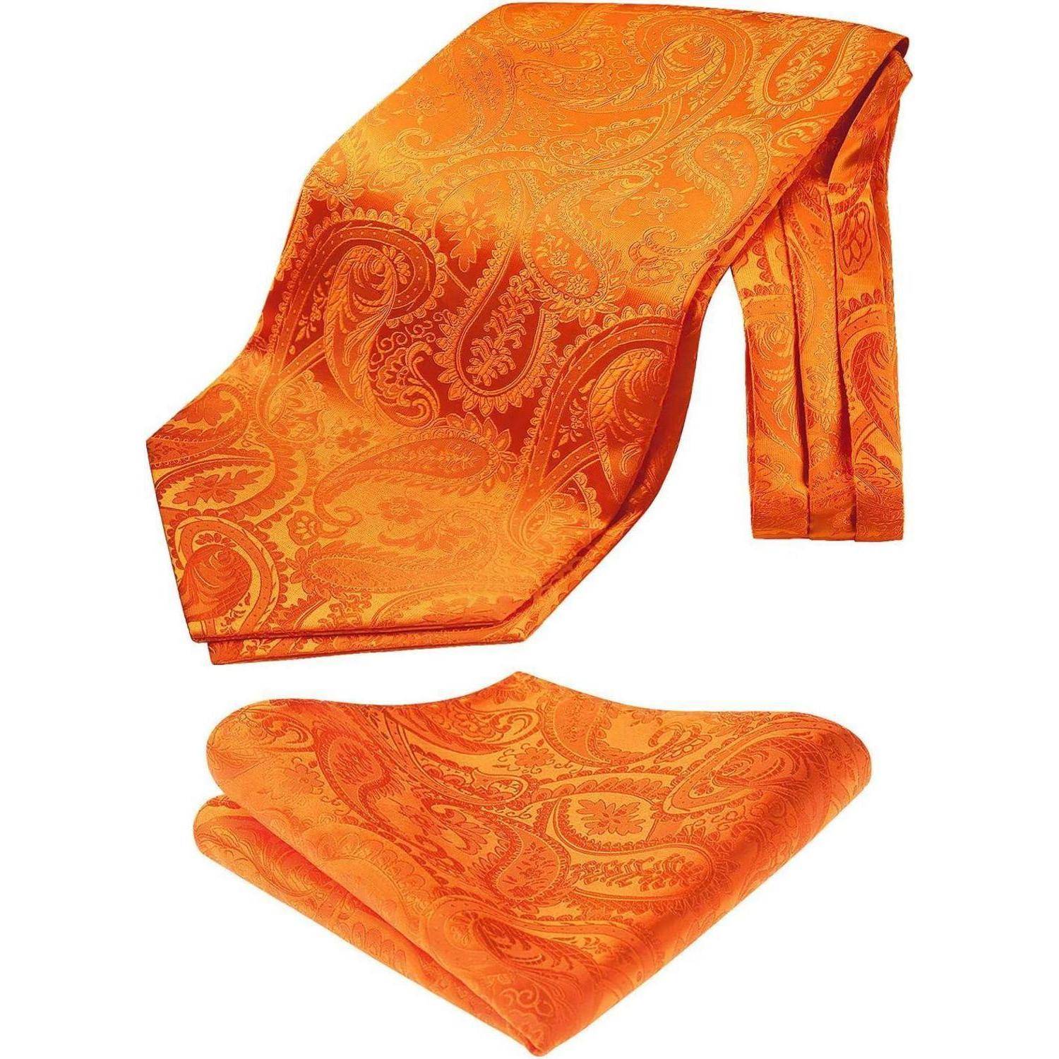 Orange Paisley-Krawatte mit passendem Einstecktuch, das verspielte Muster aufweist.