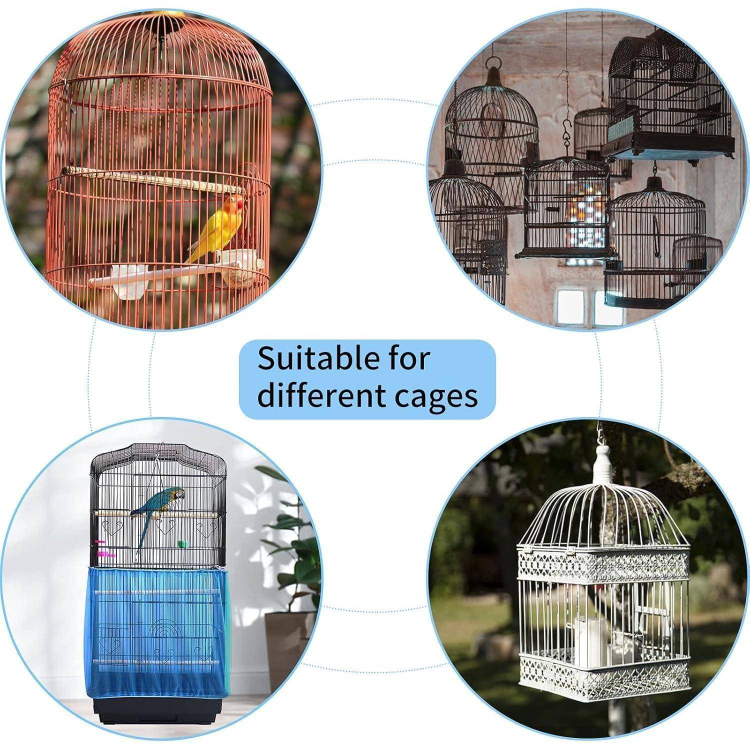 Verschiedene Vogelkäfig-Stile, einschließlich traditioneller und moderner Designs. Text in der Mitte: 'Geeignet für verschiedene Käfige.