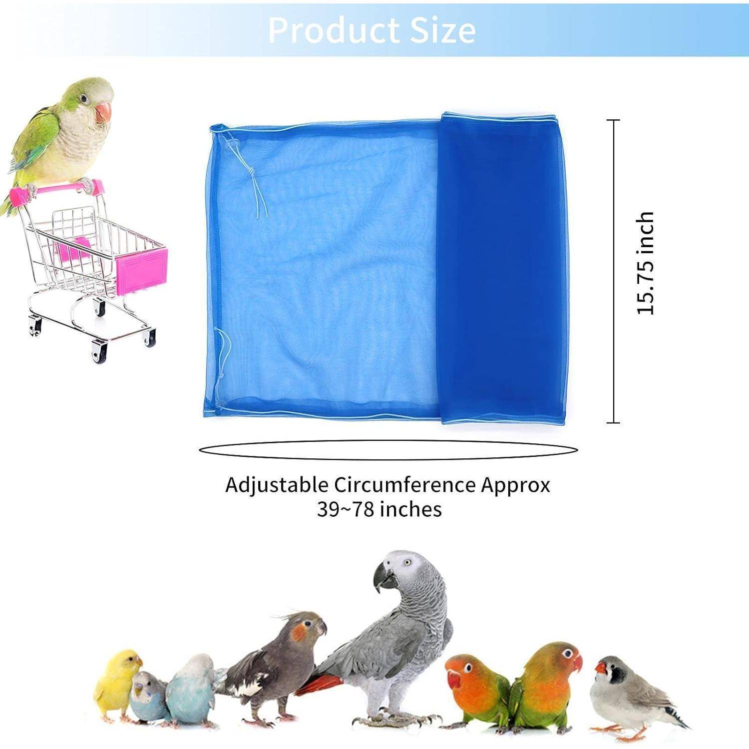 Eine blaue Sittichkäfig-Samenauffangvorrichtung, 15,75 Zoll hoch, mit verstellbarem Umfang von 39-78 Zoll, geeignet für verschiedene Vogelarten.