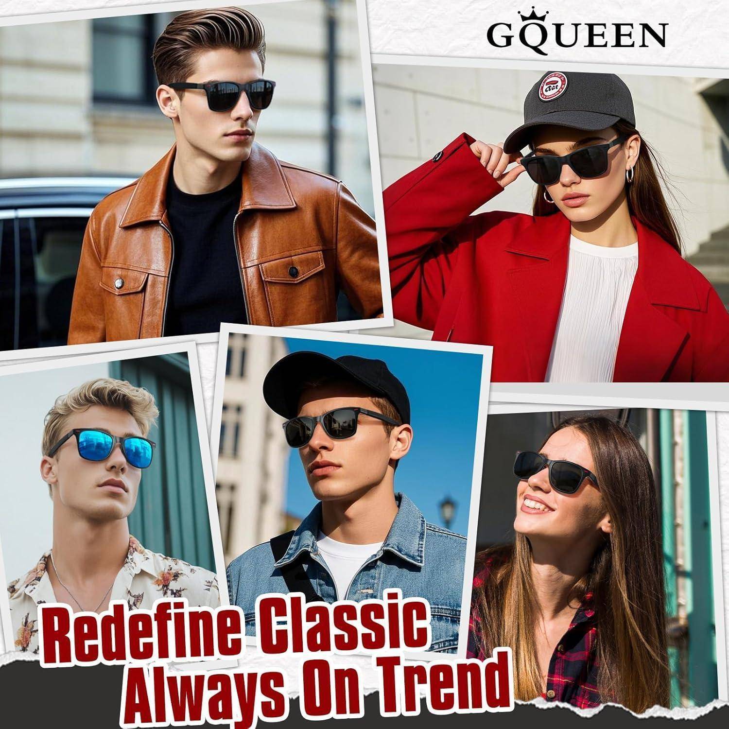 GQueen Sonnenbrillen-Werbung: Collage junger Erwachsener mit verschiedenen Brillenstilen, mit dem Text „Klassik neu definieren, immer im Trend.
