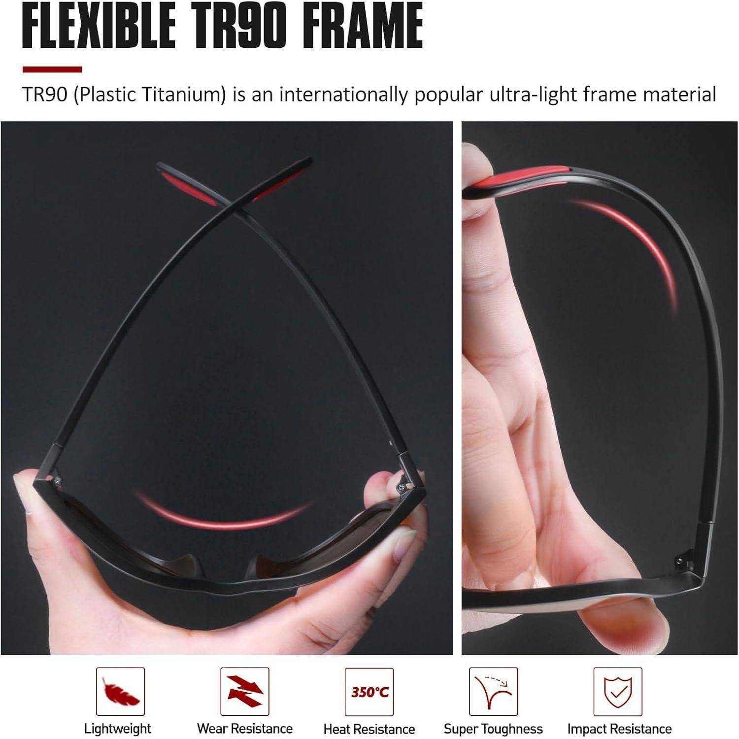 Flexible TR90 Rahmen' Sonnenbrille gezeigt mit sich biegenden Gestellen zur Demonstration der Flexibilität. Symbole veranschaulichen Eigenschaften: leichtgewichtig, verschleißfest, hitzebeständig bis zu 350°C, extrem robust und stoßfest.