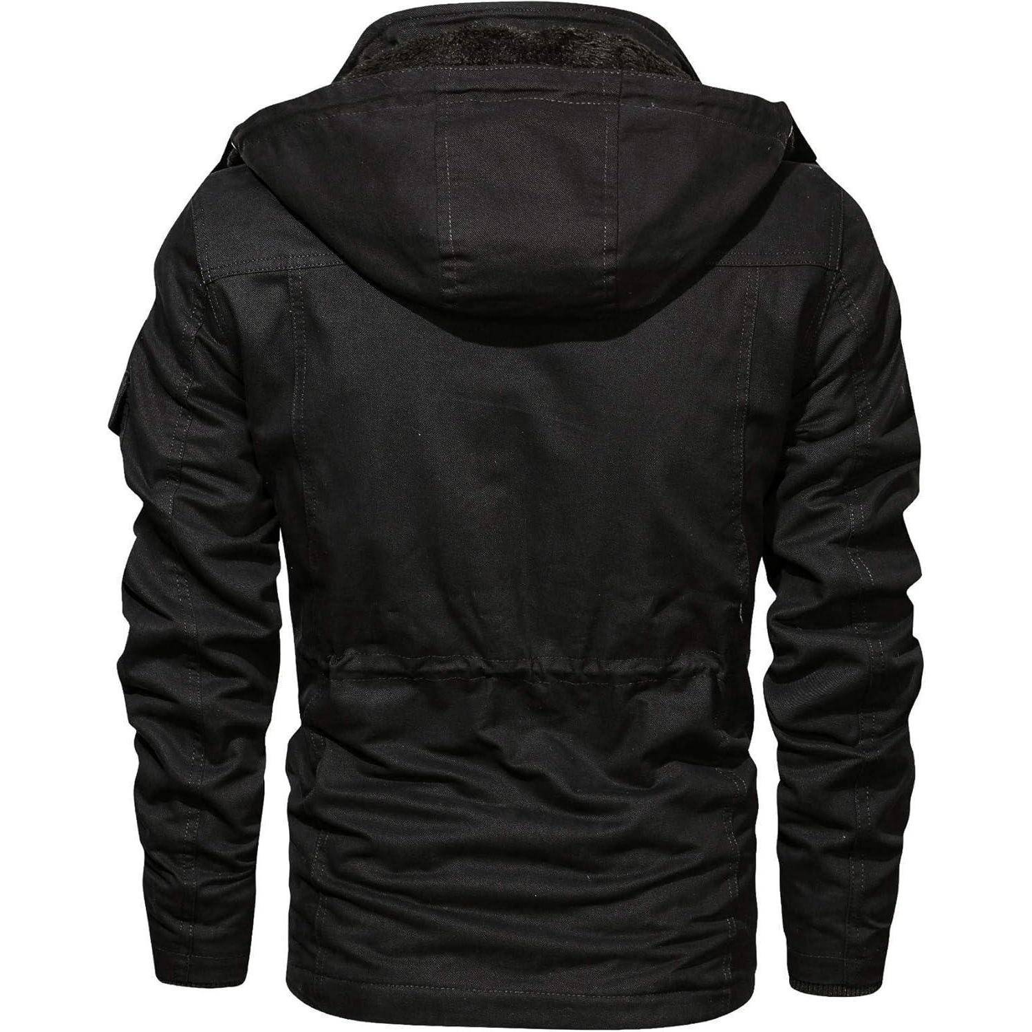Eine schwarze Kapuzenjacke, von hinten präsentiert, die ihre gesamte Länge und Designdetails an den Schultern und Ärmeln zeigt.