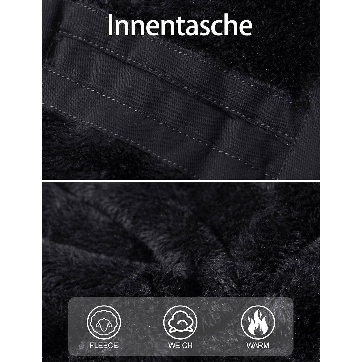 Bild einer mit Fleece gefütterten Innentasche in einem Kleidungsstück. Icons darunter betonen Eigenschaften: 'Fleece', 'Weich', 'Warm'.
