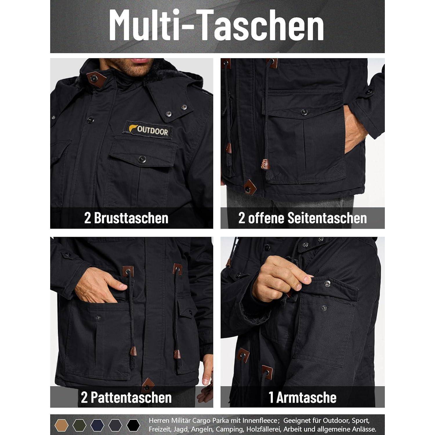 Herren-Militär-Cargoparka mit Mehrfachtaschen: 2 Brusttaschen, 2 Seitentaschen, 2 Klappentaschen, 1 Ärmelstasche. Geeignet für Outdoor-Aktivitäten.