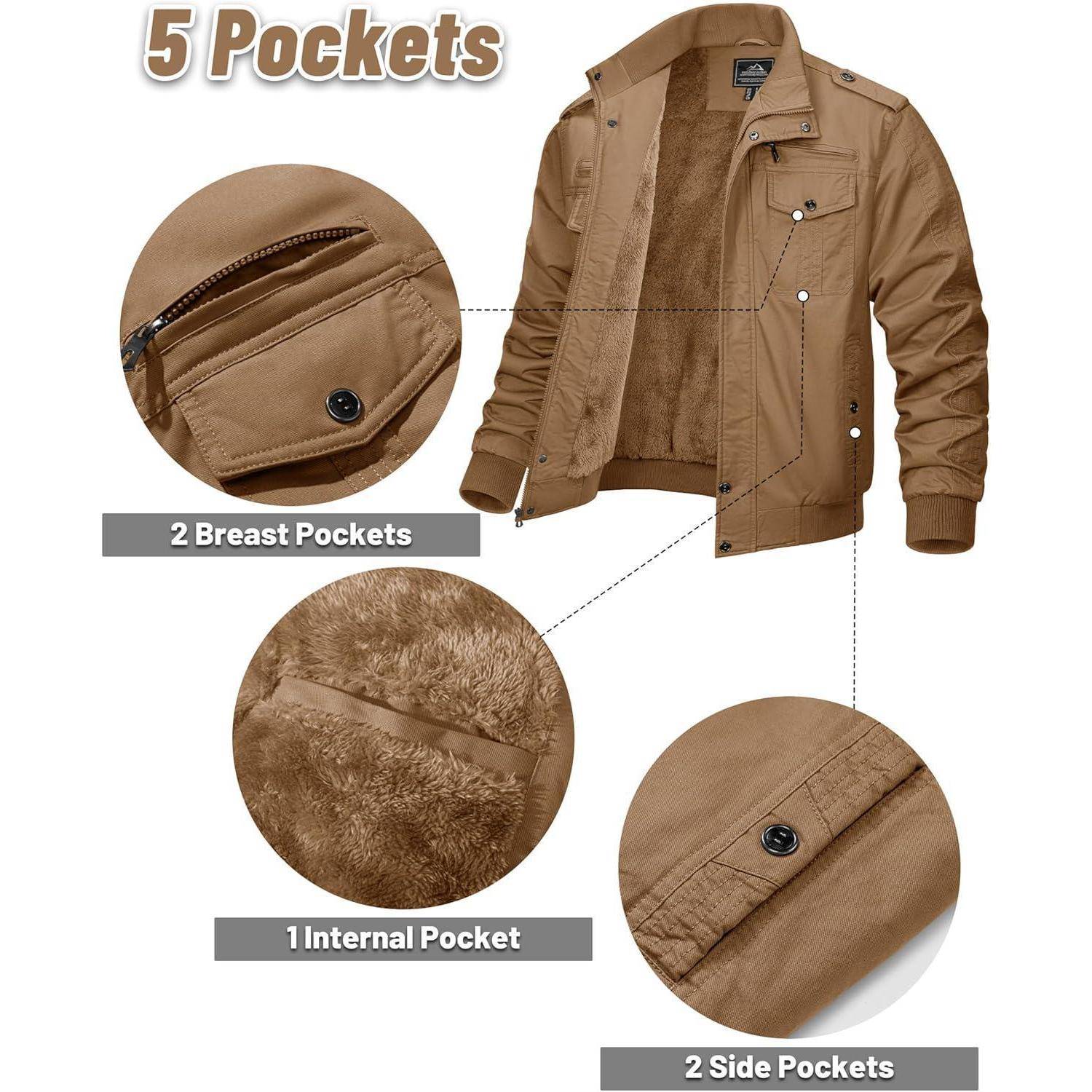 Braune Jacke mit fünf Taschen: zwei Brusttaschen, zwei Seitentaschen, eine Innentasche. Die Jacke ist geöffnet und präsentiert die Details der Taschen.