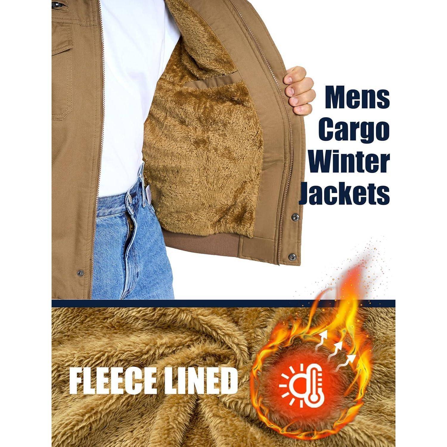 Eine Person trägt eine 'Herren Cargo Winterjacke' mit Fleecefutter, das im Inneren der Jacke gezeigt wird. Das Fleecefutter-Bild enthält ein Wärmesymbol.