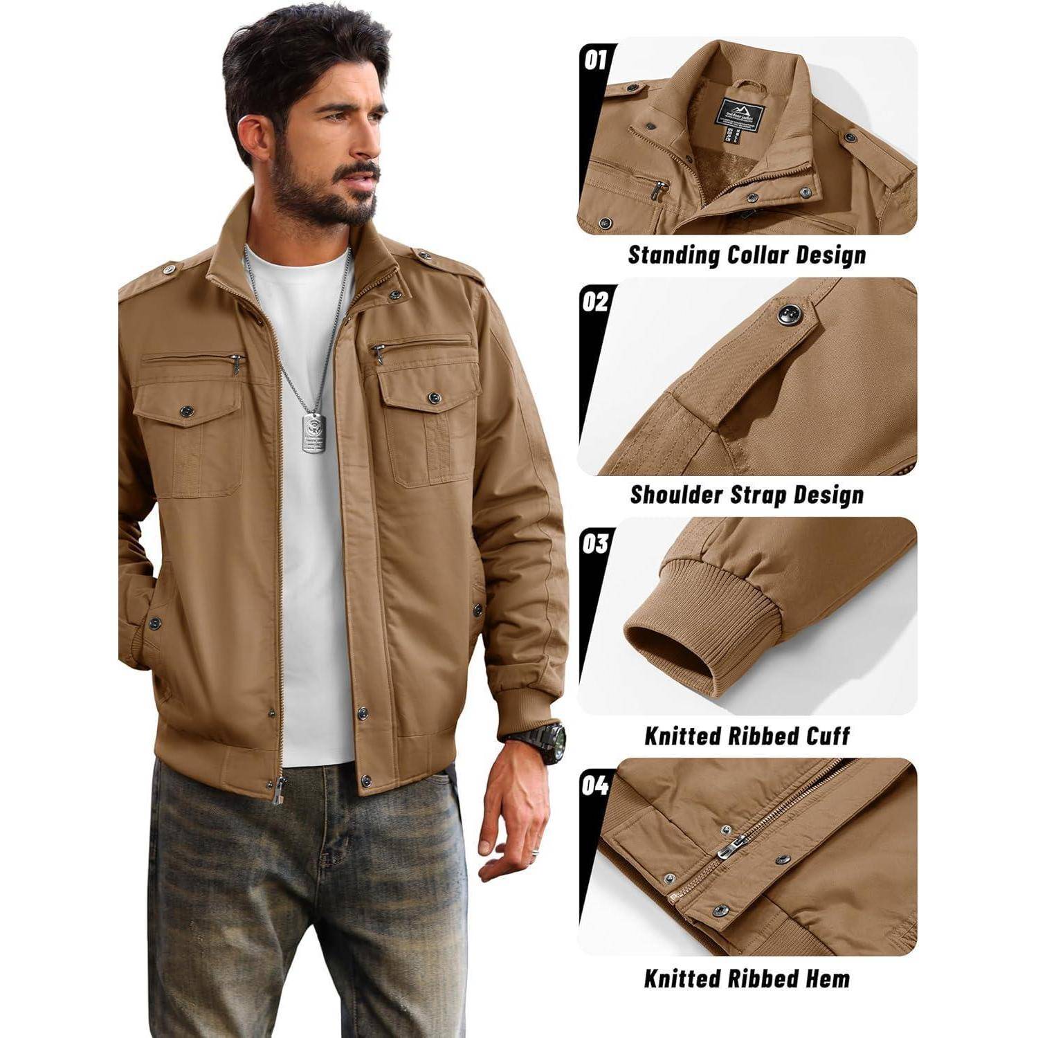 Ein Mann trägt eine braune Jacke mit hervorgehobenen Details: stehender Kragen, Schulterklappe, gerippter Strickbündchen und Saum.