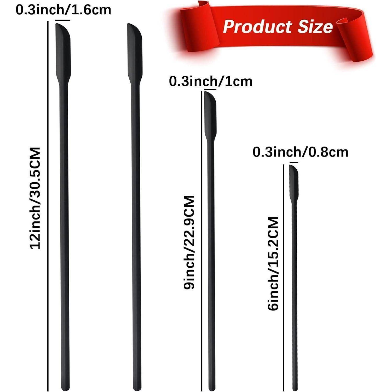 Drei schwarze Pfannenwender in unterschiedlichen Längen mit folgenden Maßen: 12 Zoll (30,5 cm), 9 Zoll (22,9 cm) und 6 Zoll (15,2 cm).