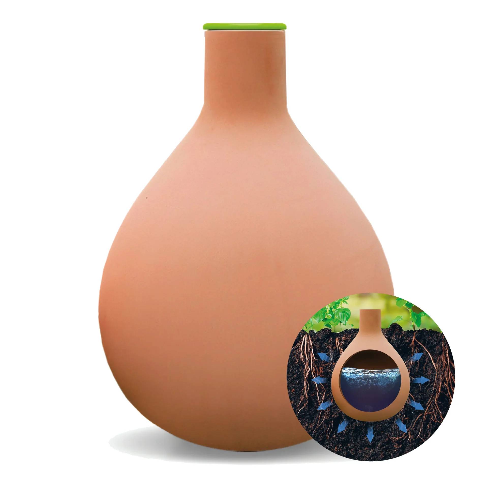 Eine Tontopf mit grünem Rand, der neben einer Schnittdarstellung gezeigt wird, die Wasser zeigt, das in den Boden um Pflanzenwurzeln für die Bewässerung versickert.