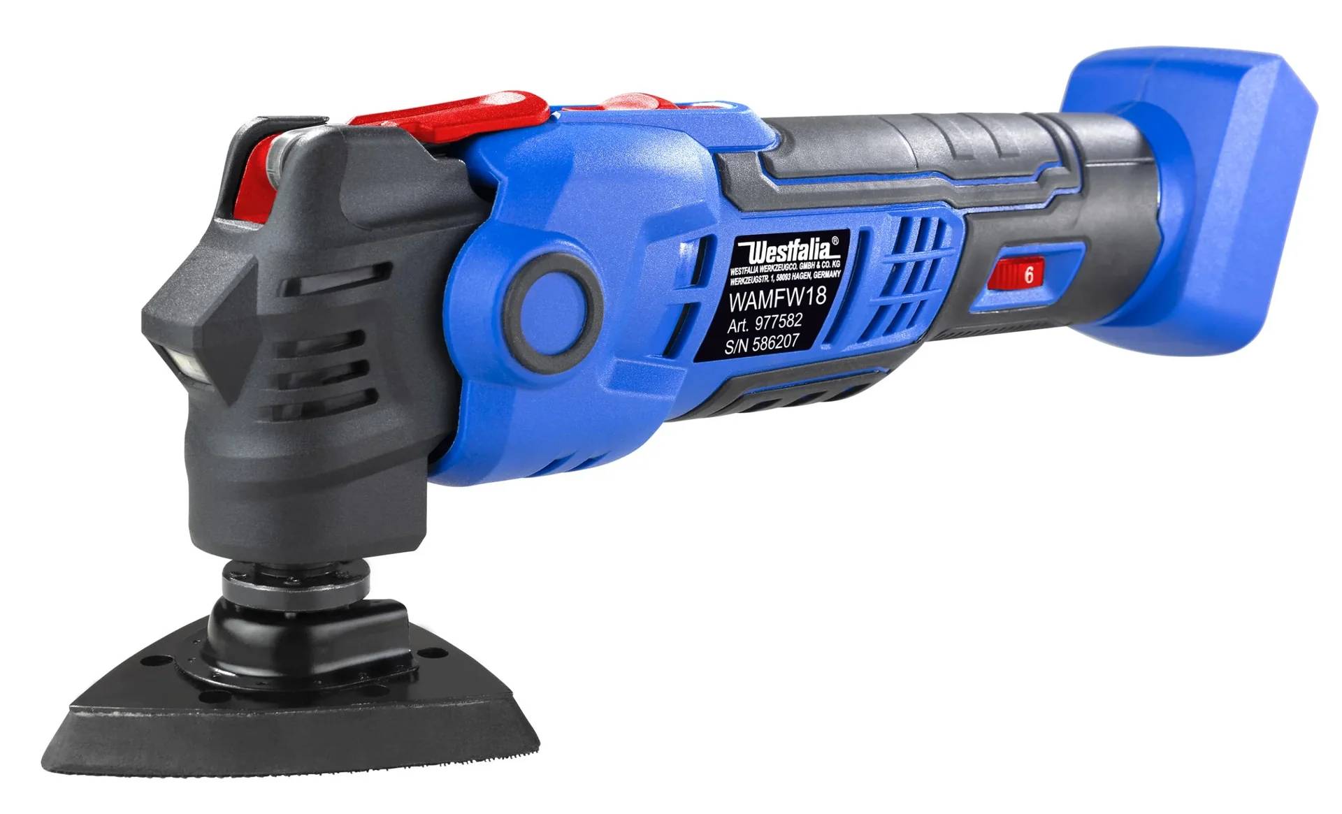 Nahaufnahme eines blauen und schwarzen oszillierenden Multifunktionswerkzeugs, das dessen Markenetikett, Schalter und Schneidanbauteile für präzise Arbeitsanwendungen zeigt.