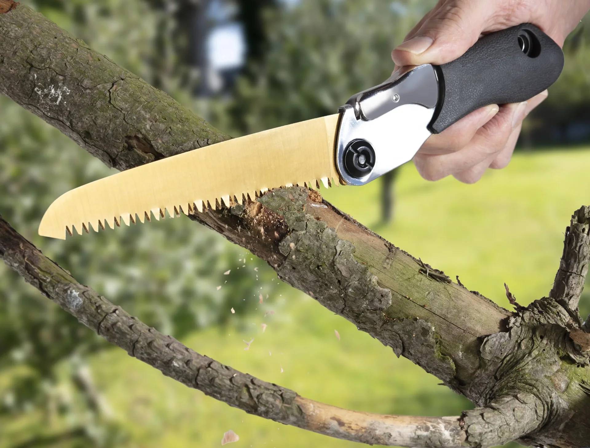 Eine Person zersägt einen Baumast mit einer Handsäge, wobei Sägespäne durch die Luft fliegen. Die Sägenklinge ist bereits zur Hälfte durch den Ast gesägt. Im Hintergrund verschwommene Grünpflanzen.
