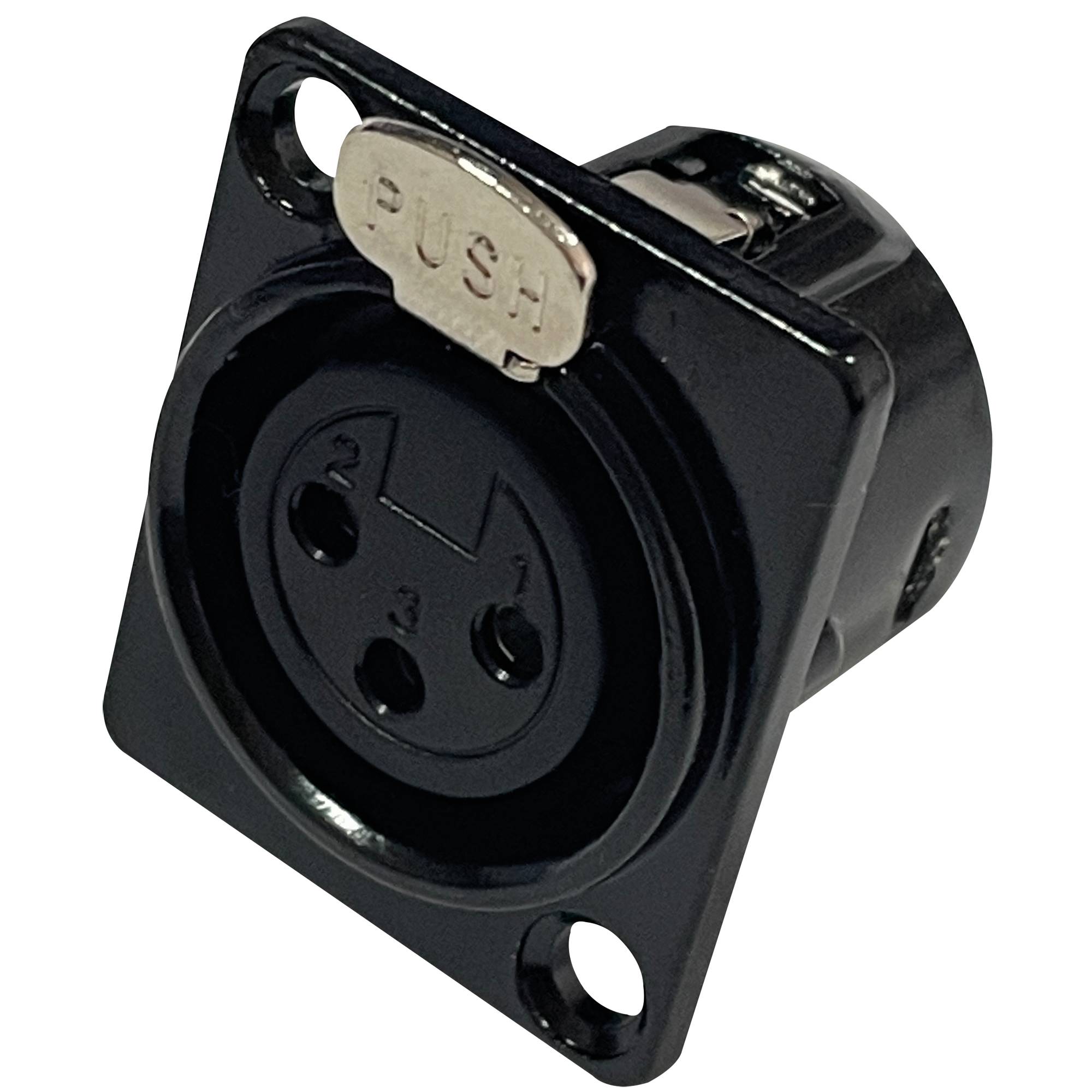 Ein schwarzer XLR-Buchse als Einbaubuchse mit einem silbernen Druckentriegelungsknopf, beschriftet mit 