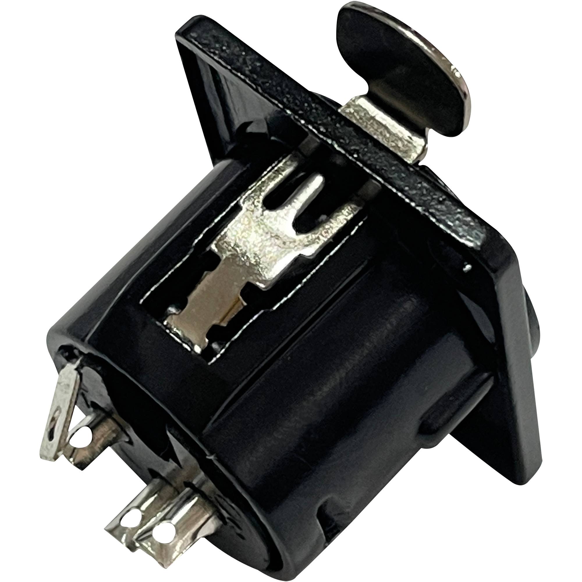 Ein schwarzer Schließmechanismus mit Metallklemmen, von einem Winkel aus betrachtet, der das Seitenprofil und den Schlüsseleinsatzbereich zeigt.