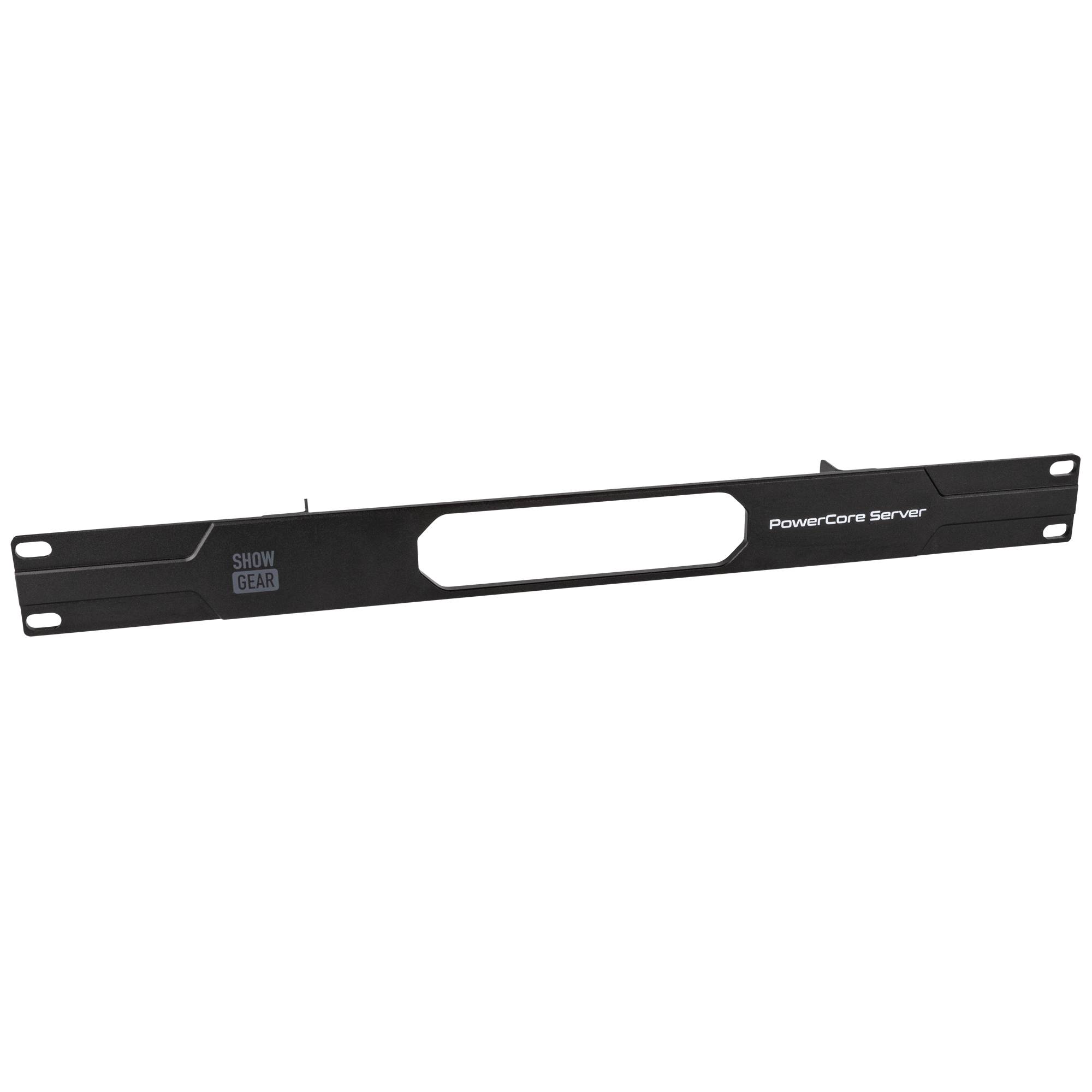 Bedienfeld des 'PowerCore Server' mit einem Ausschnitt, mit dem Etikett 'Show Gear', vor einem schwarzen Hintergrund, möglicherweise für Rack-Mount-Ausrüstung.