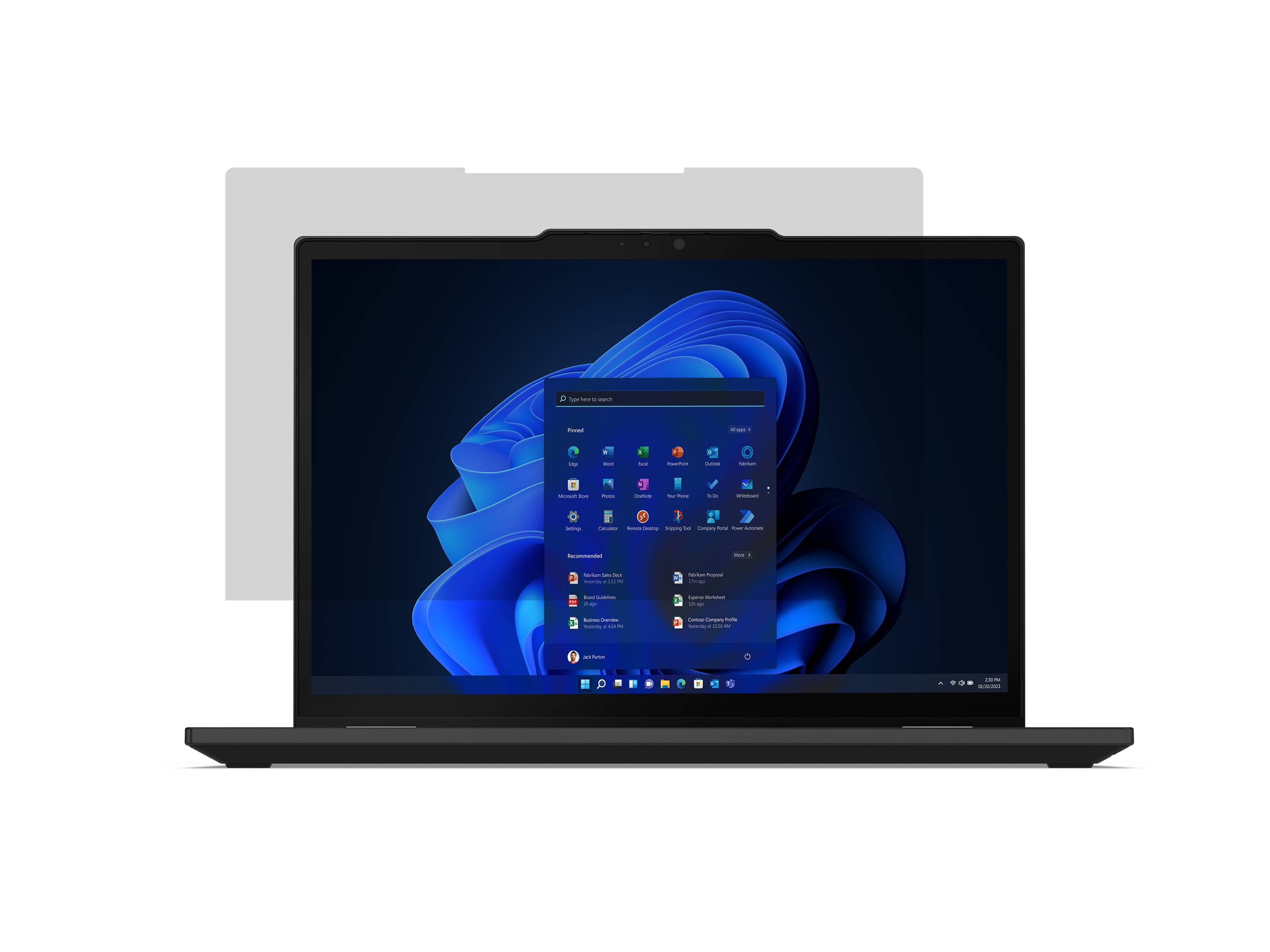 Ein Laptop, auf dem der Windows 11-Desktop mit dem geöffneten Startmenü auf einem blauen abstrakten Hintergrund angezeigt wird.