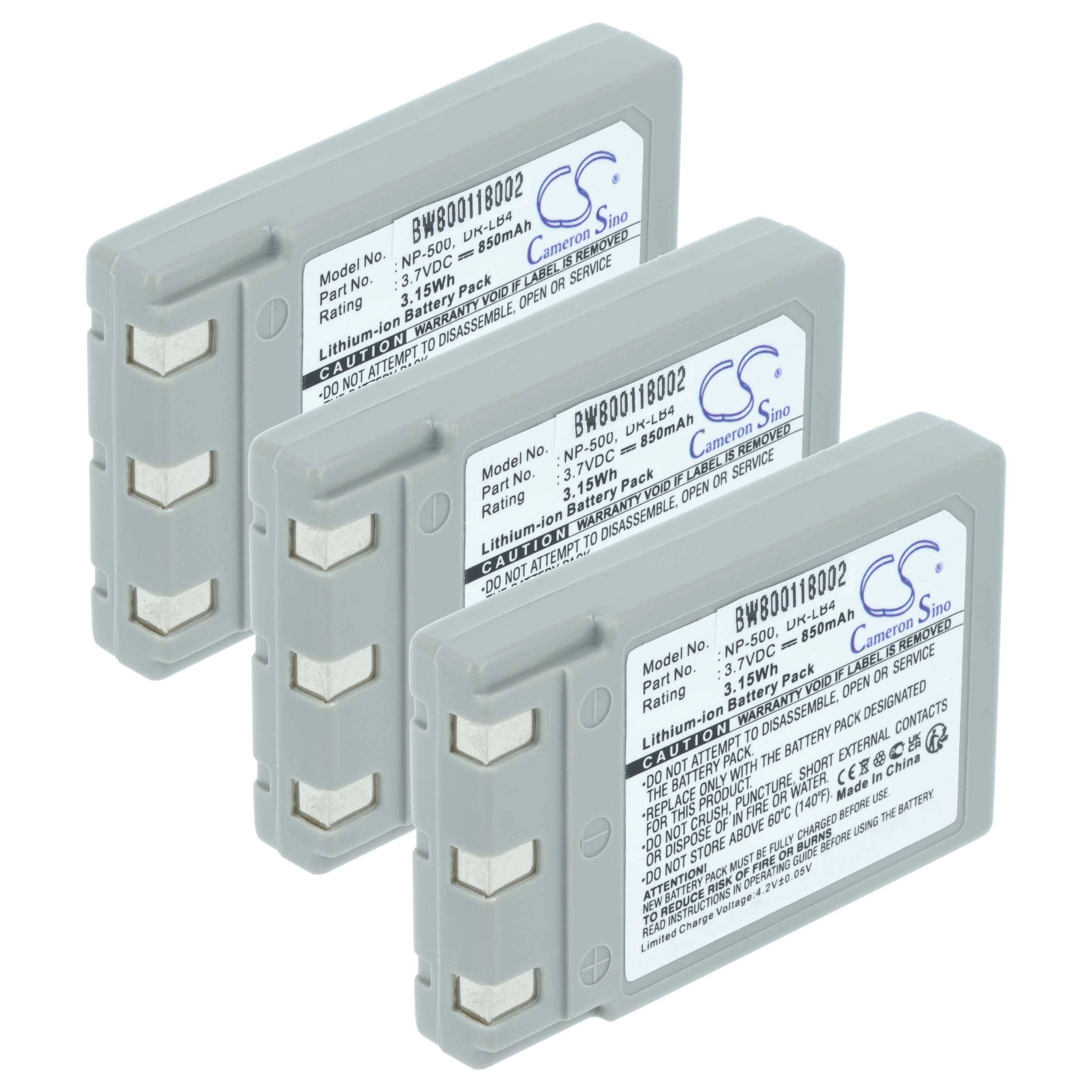 Drei graue Ersatz-Lithium-Ionen-Akkupacks mit beschrifteten Spezifikationen, die für bestimmte Panasonic-Videokameras entwickelt wurden.