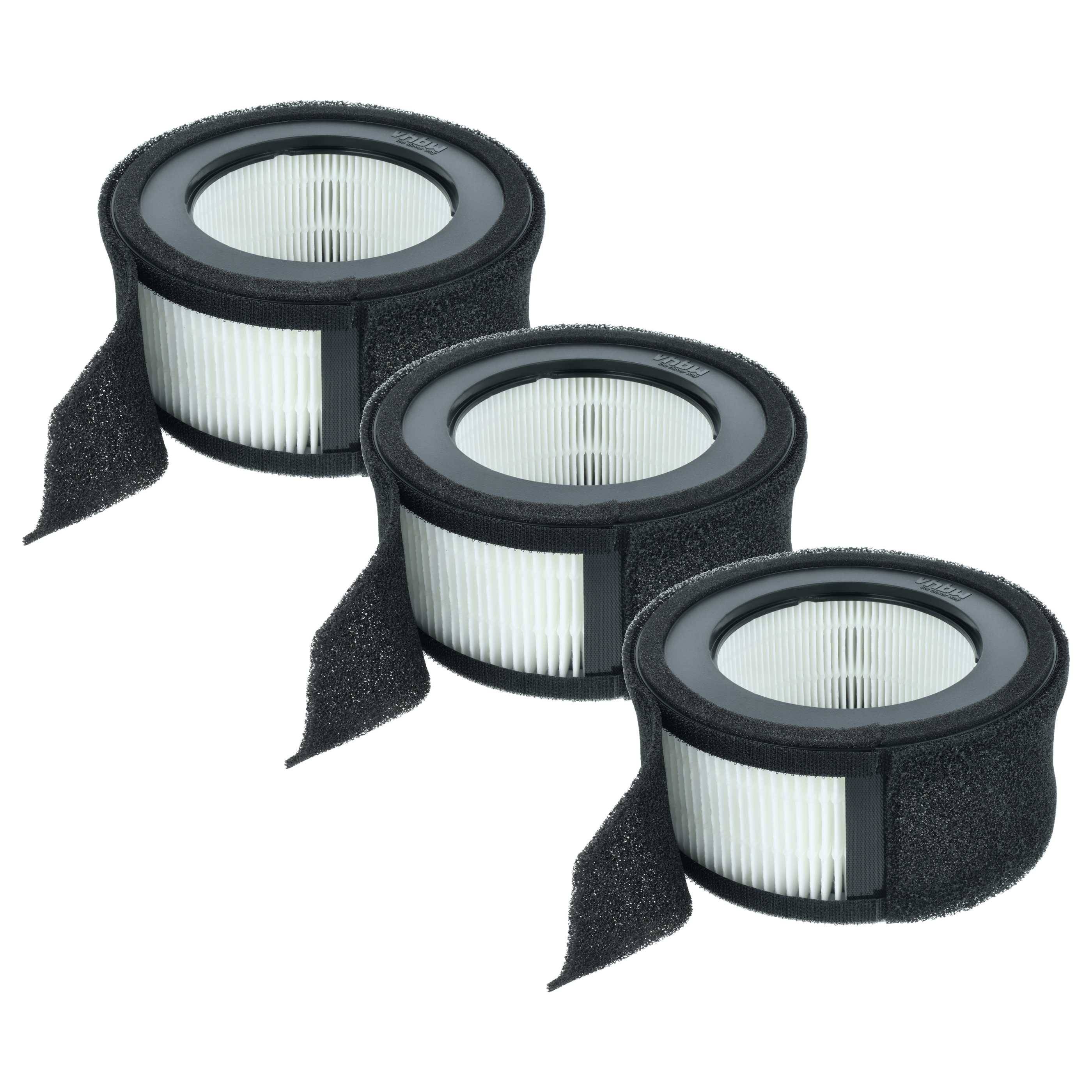Drei zylindrische Vakuumfilter mit schwarzen Rahmen und weißen gefalteten Innenteilen, nebeneinander ausgerichtet, zum Auffangen von Staub und Ablagerungen.