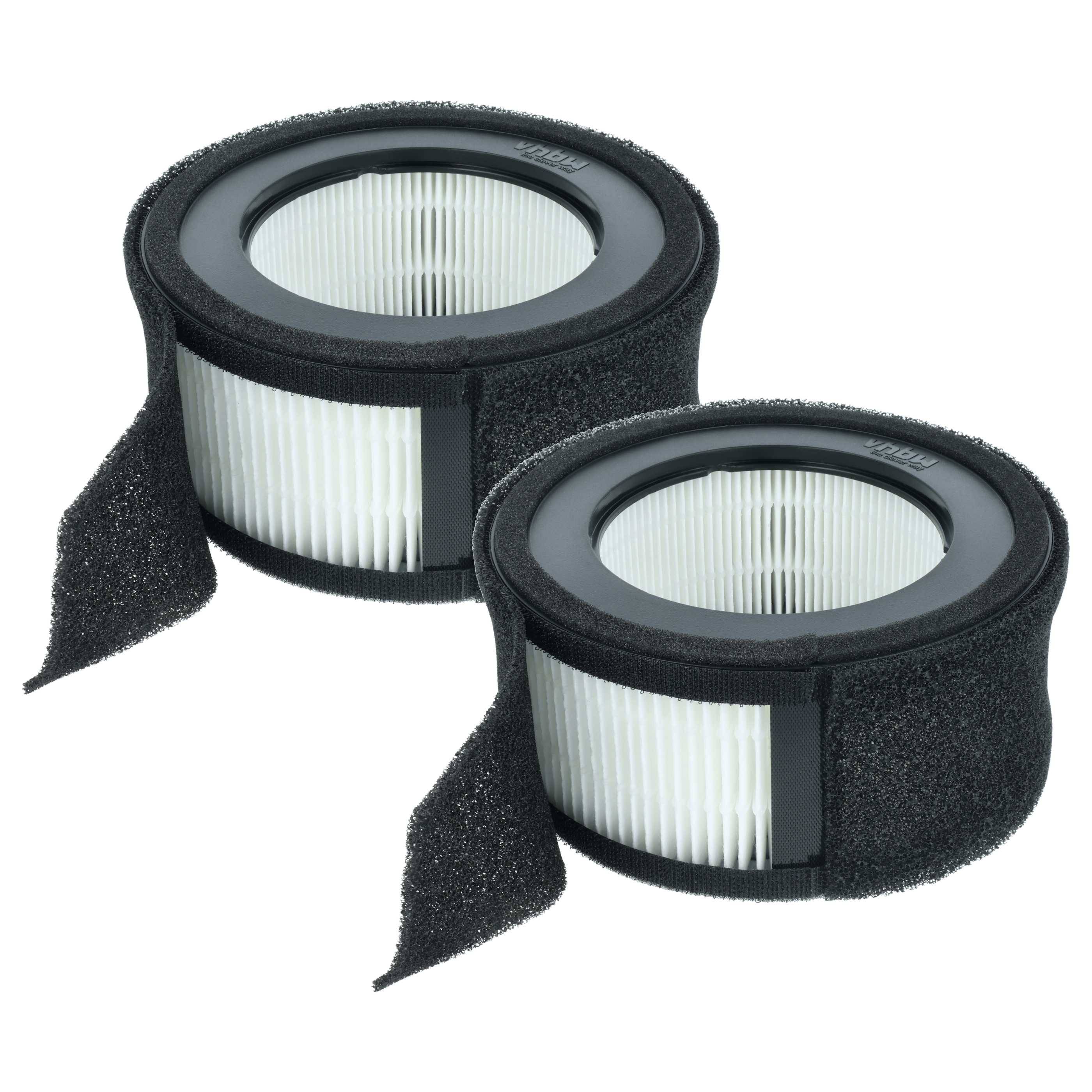 Zwei kreisförmige Luftfilter mit schwarzen Schaumkanten und weißen gefalteten Zentren, nebeneinander positioniert.