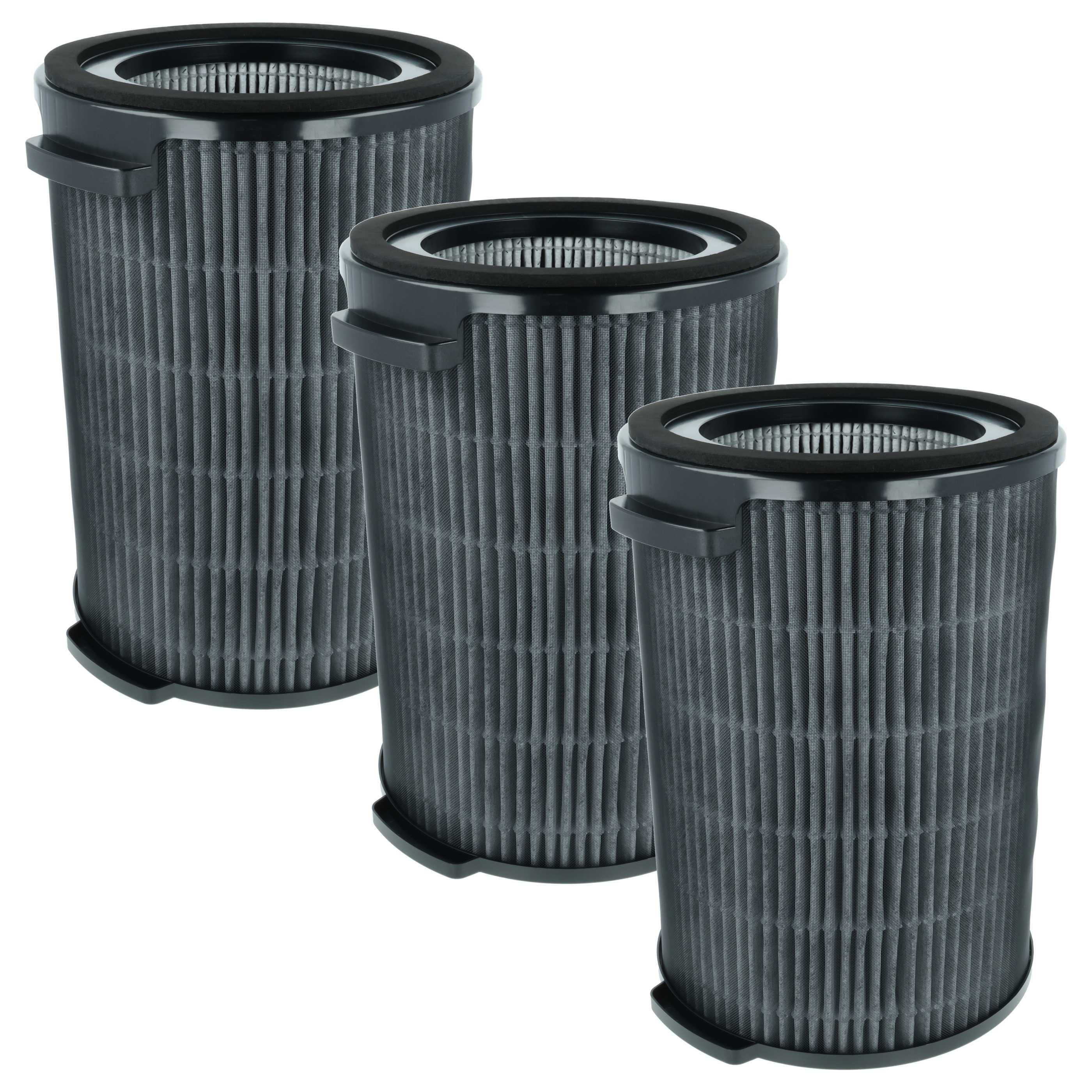Drei zylindrische schwarze Luftfilter mit vertikalen Falten, in einer Reihe angeordnet, wobei jeder Filter Griffelemente an der Oberseite zur einfachen Entnahme und Installation besitzt.