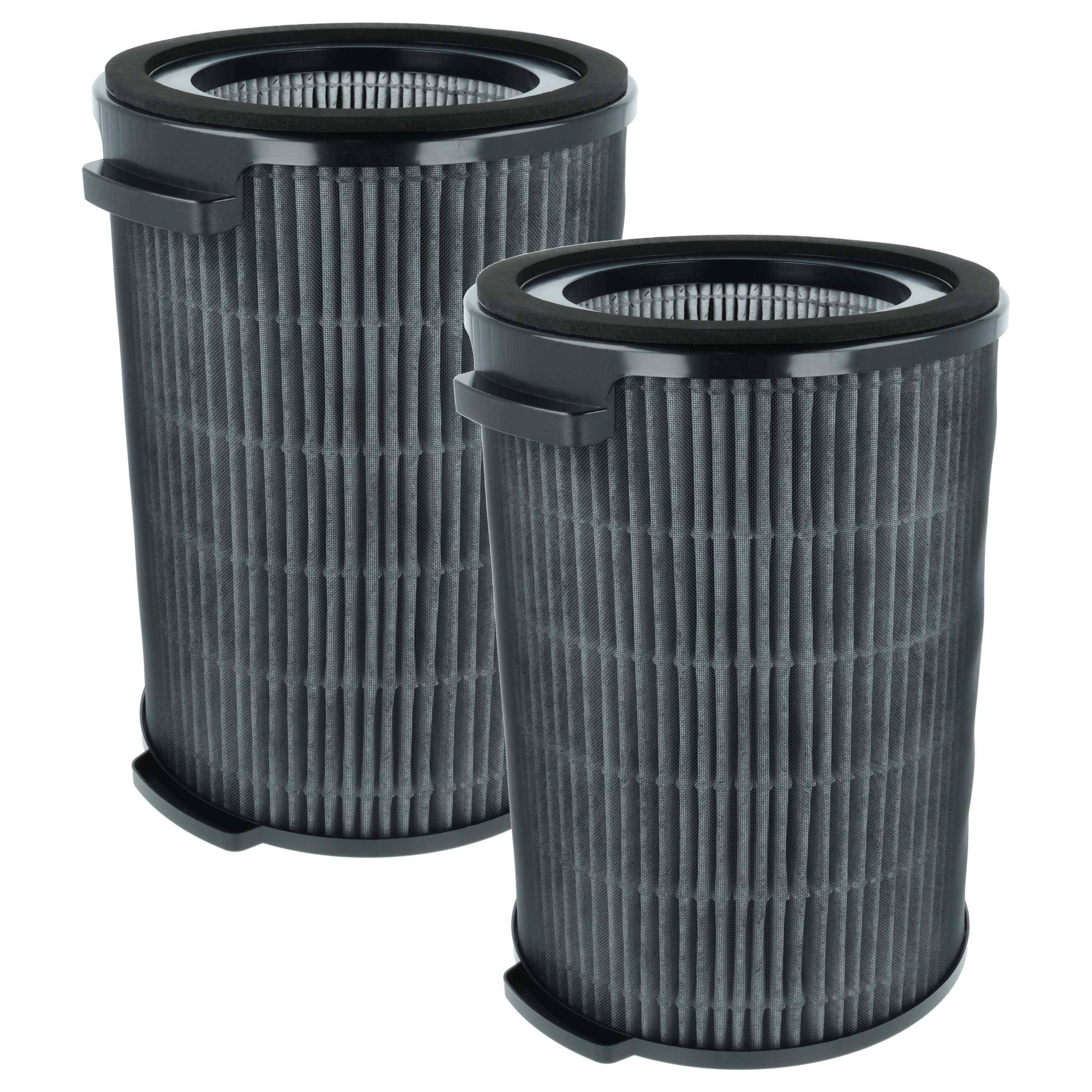 Zwei zylindrische schwarze Luftreinigungsfilter mit gefalteten Oberflächen, die entwickelt wurden, um Schadstoffe zu filtern und die Luftqualität zu verbessern.