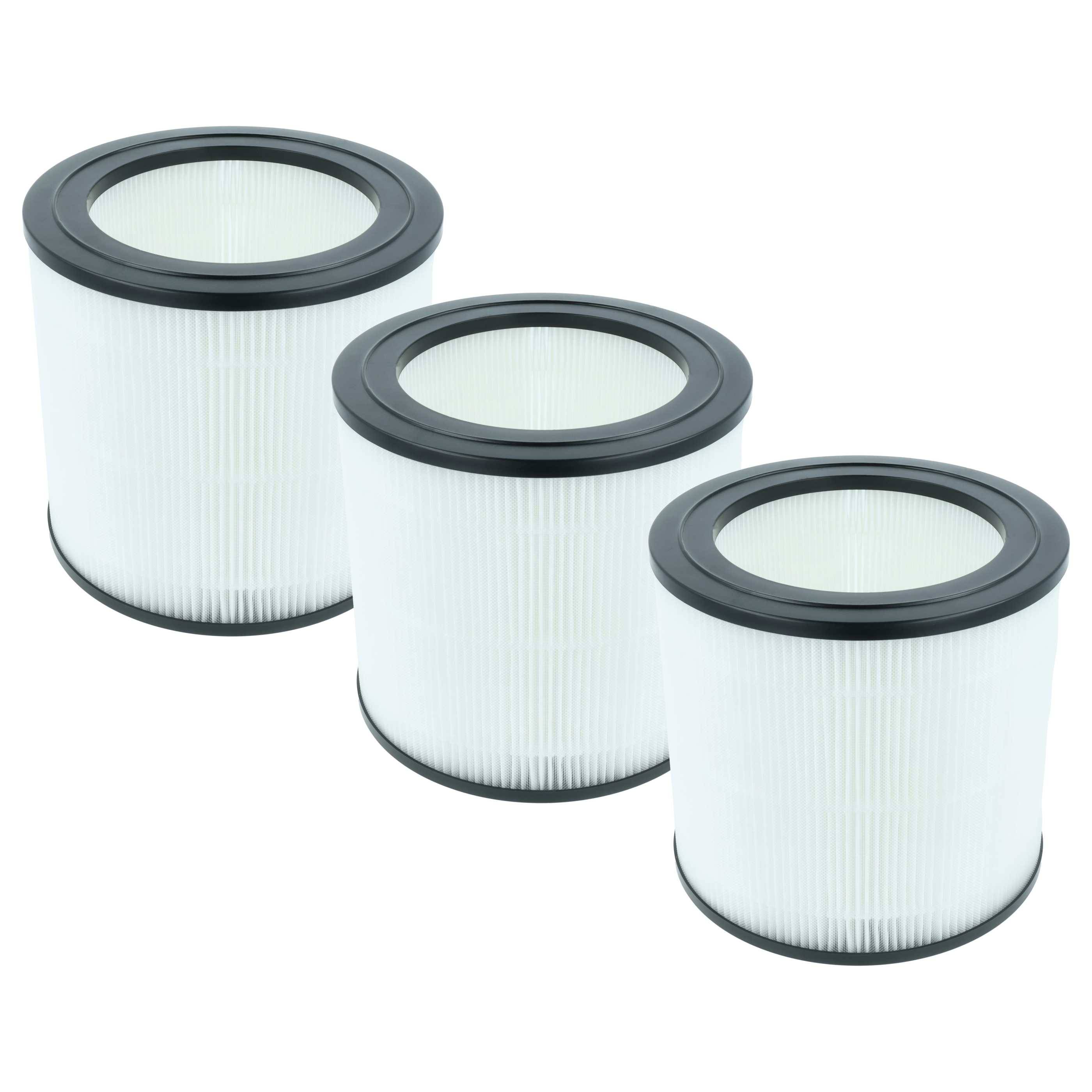 Drei zylindrische Luftfilter unterschiedlicher Größen sind in einer Reihe angeordnet, wobei sie eine Größenzunahme von klein nach groß zeigen.