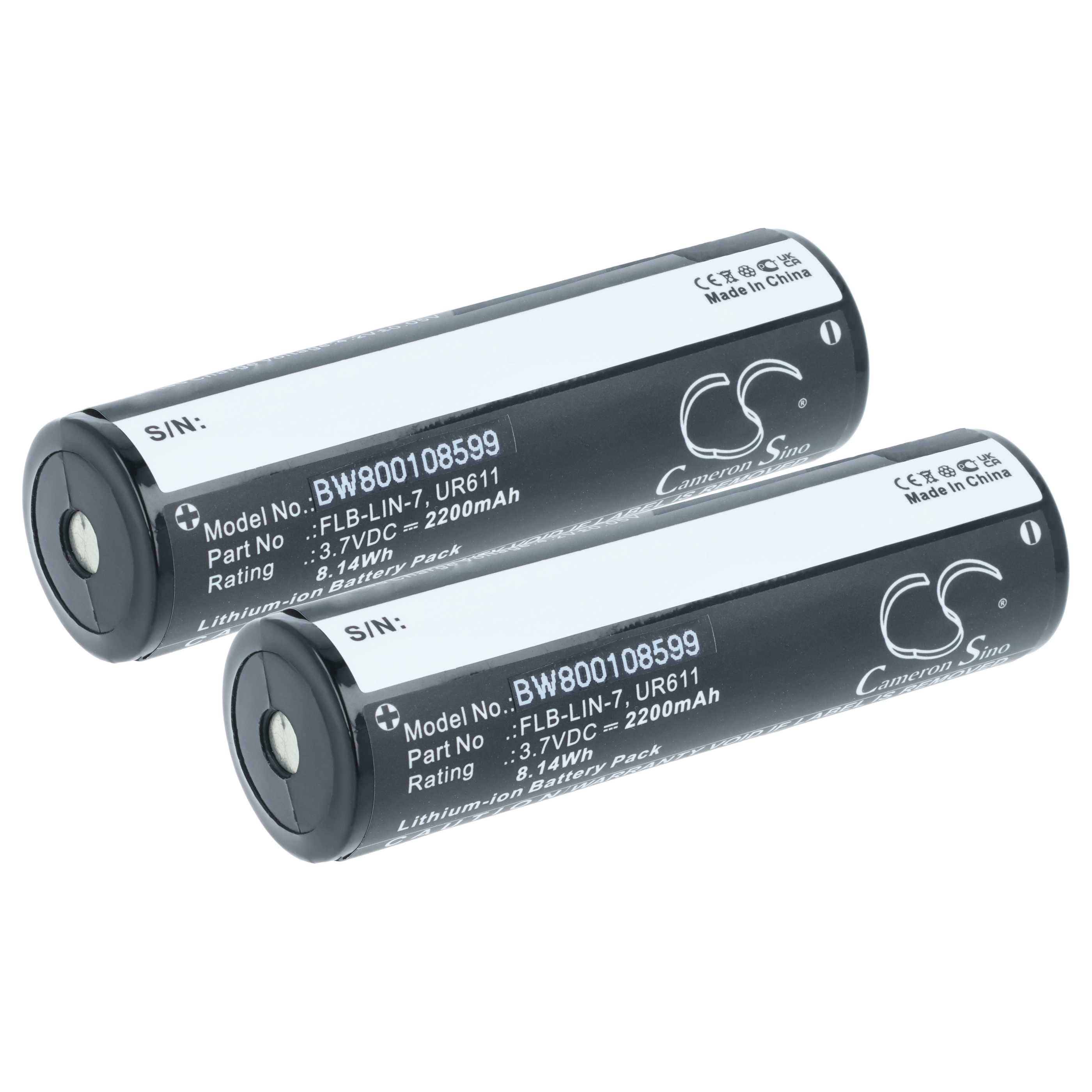 Zwei zylindrische Lithium-Ionen-Batterien, gekennzeichnet mit Spezifikationen: 3,7V, 2200mAh, Modell BW800108599. Text 