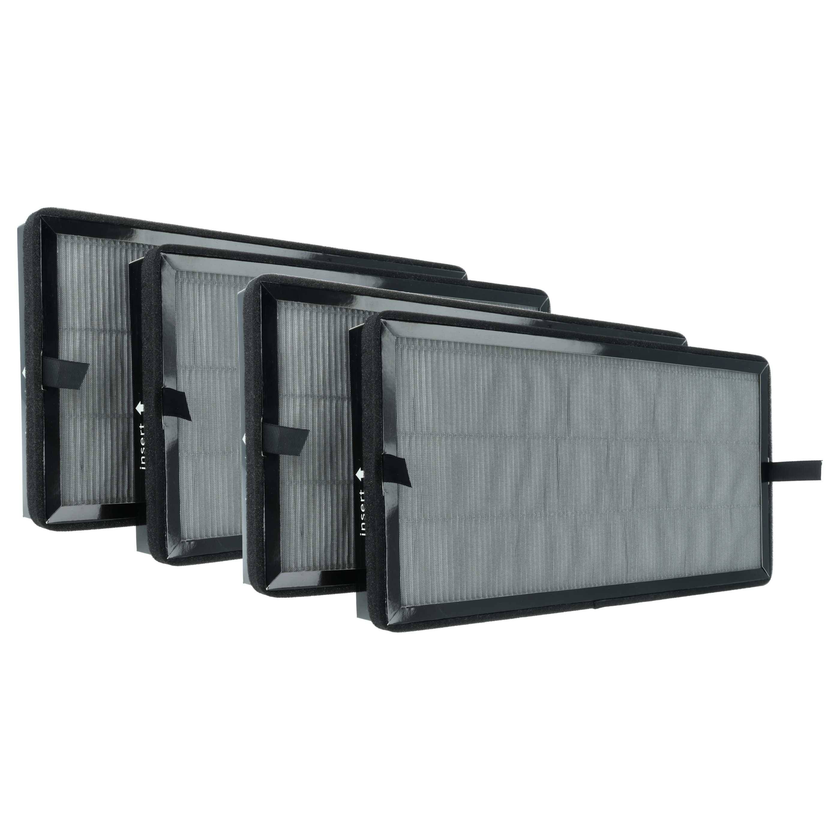 Drei schwarze rechteckige Luftfilter sind in einer Reihe ausgerichtet. Sie verfügen über Maschendrahtsiebe und Laschen an den Seiten für einfaches Handhaben und Installieren.