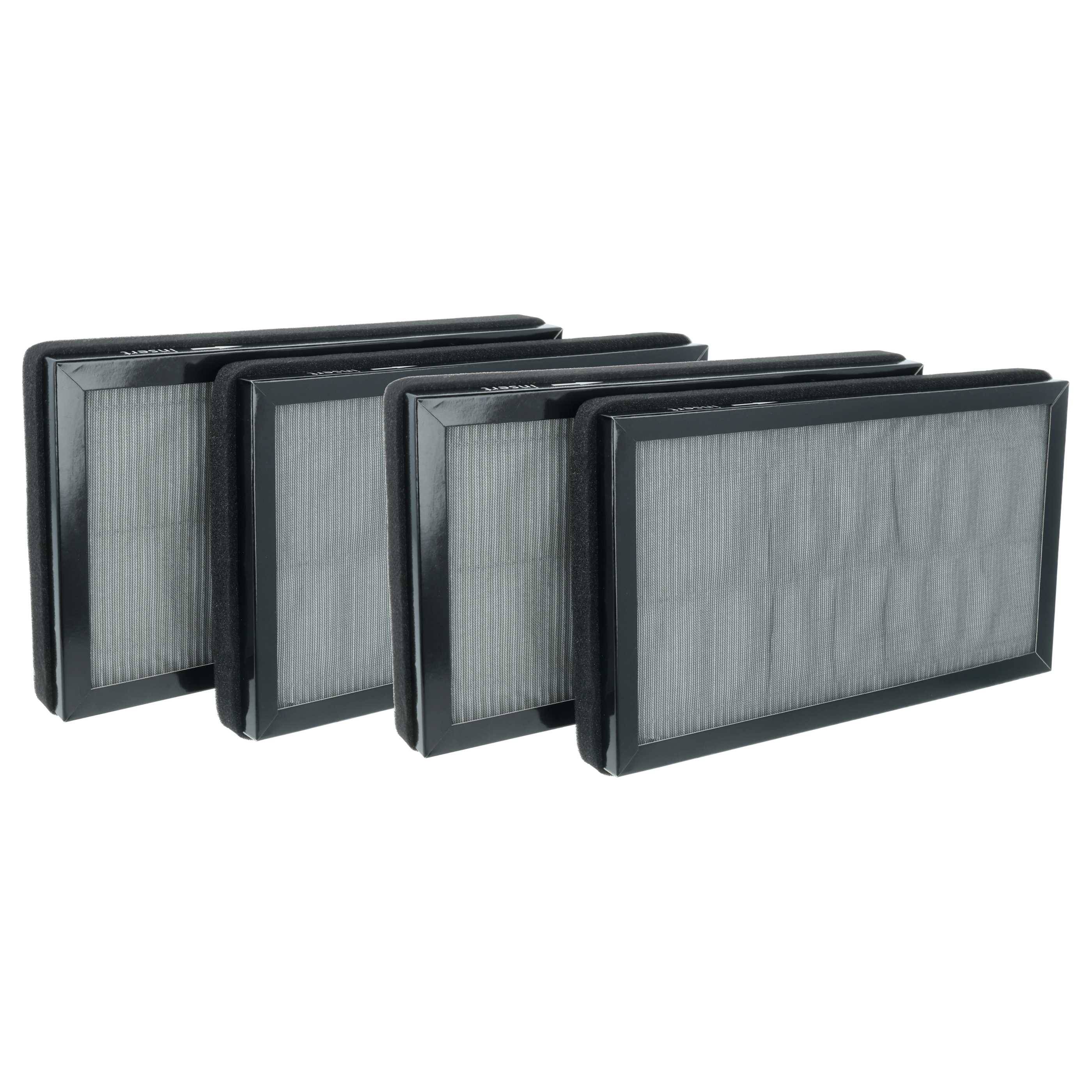 Vier rechteckige Luftfilter mit schwarzen Rahmen, in zwei Reihen ausgerichtet. Sie haben ein gefaltetes Design zum Auffangen von Partikeln, geeignet für Staub und Allergene.