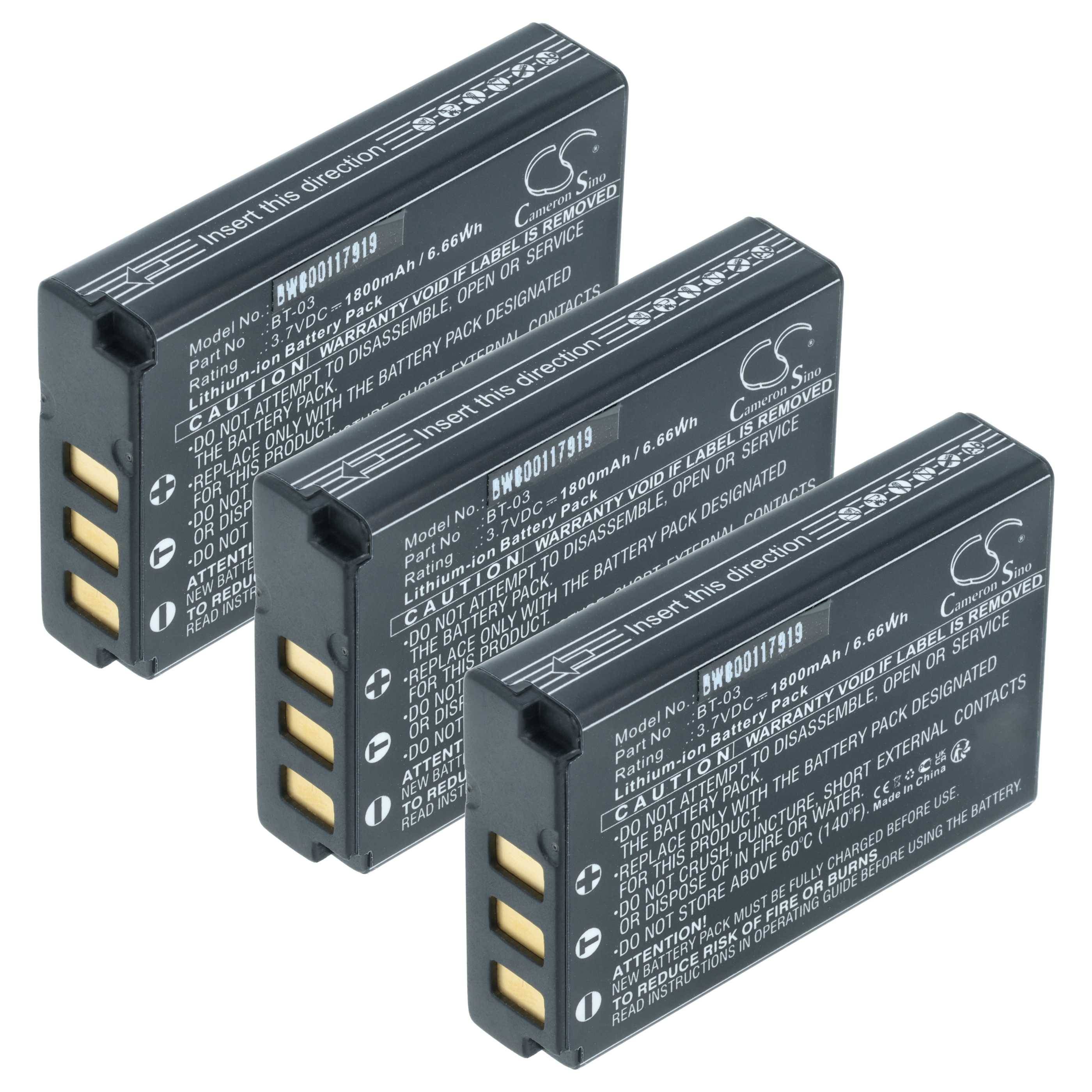 Drei schwarze Lithium-Ionen-Akkupacks, vertikal ausgerichtet, mit sichtbaren Anschlusspunkten. Jede Batterie zeigt Spezifikationen in weißer Schrift.