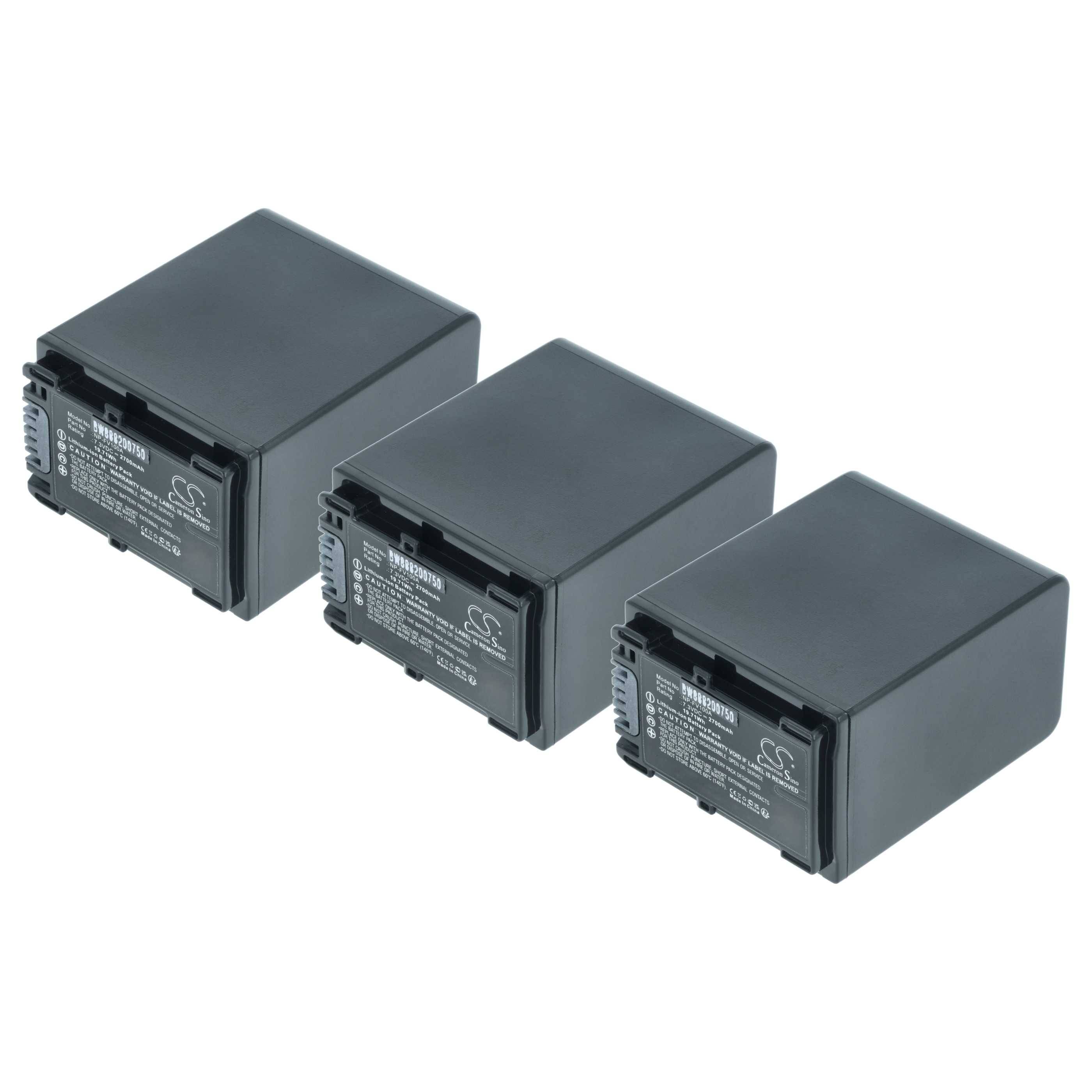 Drei schwarze rechteckige Batterien horizontal angeordnet, jede mit Spezifikationsdetails gekennzeichnet.