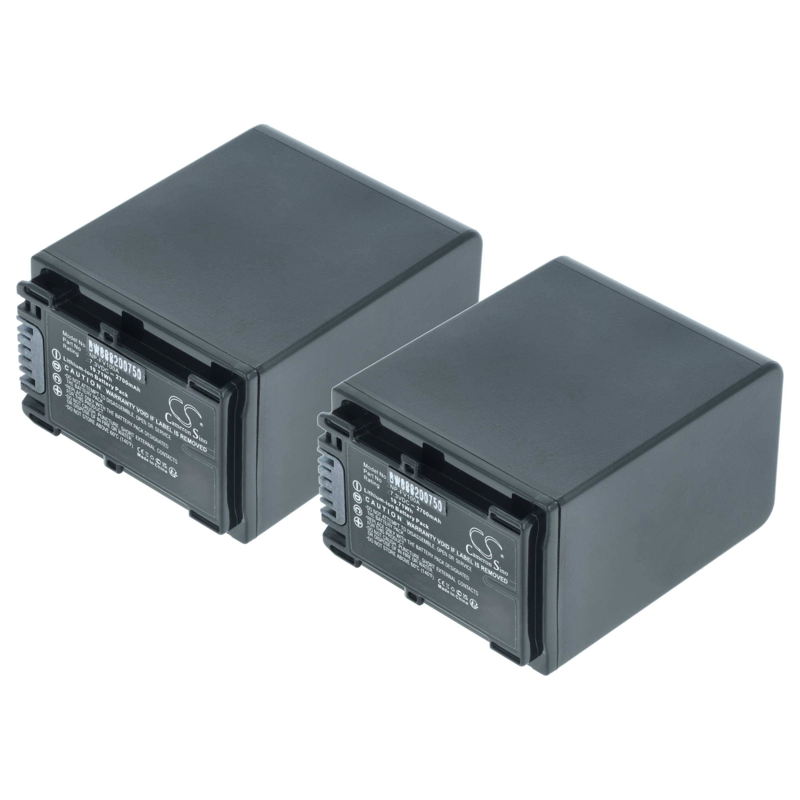 Zwei schwarze rechteckige Kamerabatterien mit Etiketten auf der Seite, die Spezifikationen zeigen.