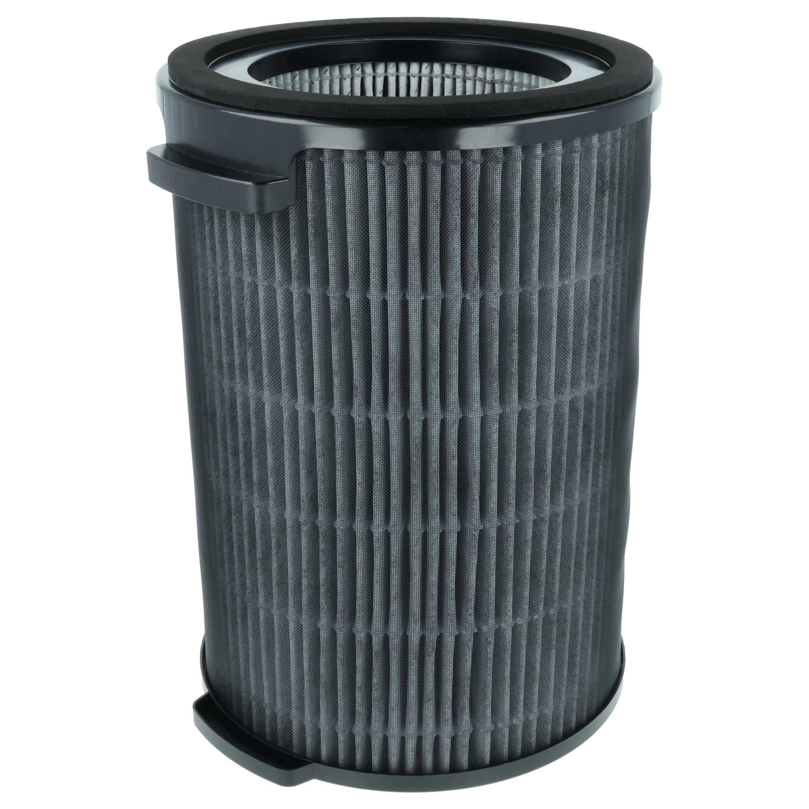 Ein zylindrischer Luftfilter mit feinem Maschengewebe, entwickelt zum Aufangen von Staub und Allergenen, aufrecht vor weißem Hintergrund dargestellt.