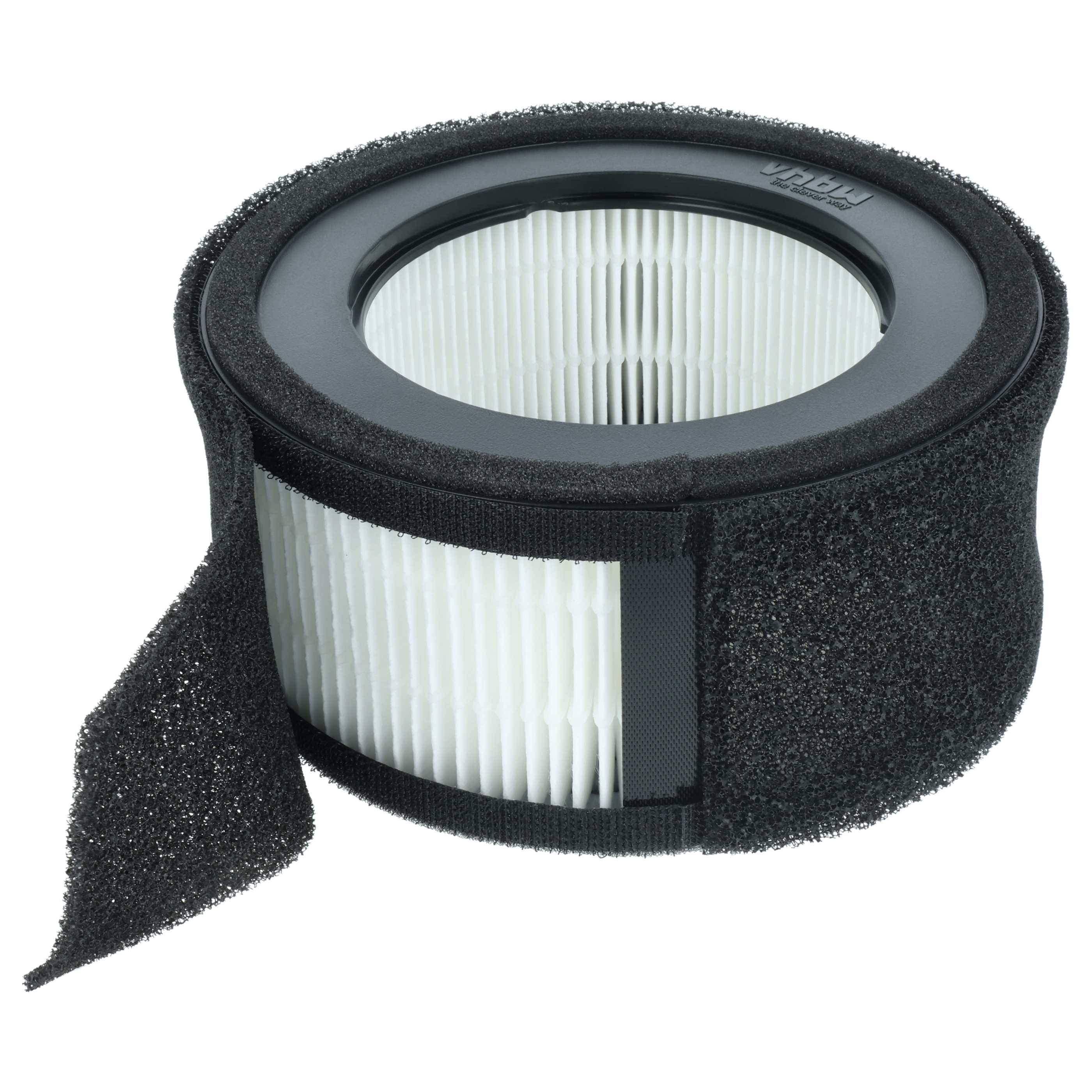 Ein zylindrischer weißer Luftfilter mit schwarzer Schaumstoffabdeckung, der einen Klettverschluss zeigt und für die Verwendung in Luftreinigern oder Lüftungssystemen konzipiert ist.