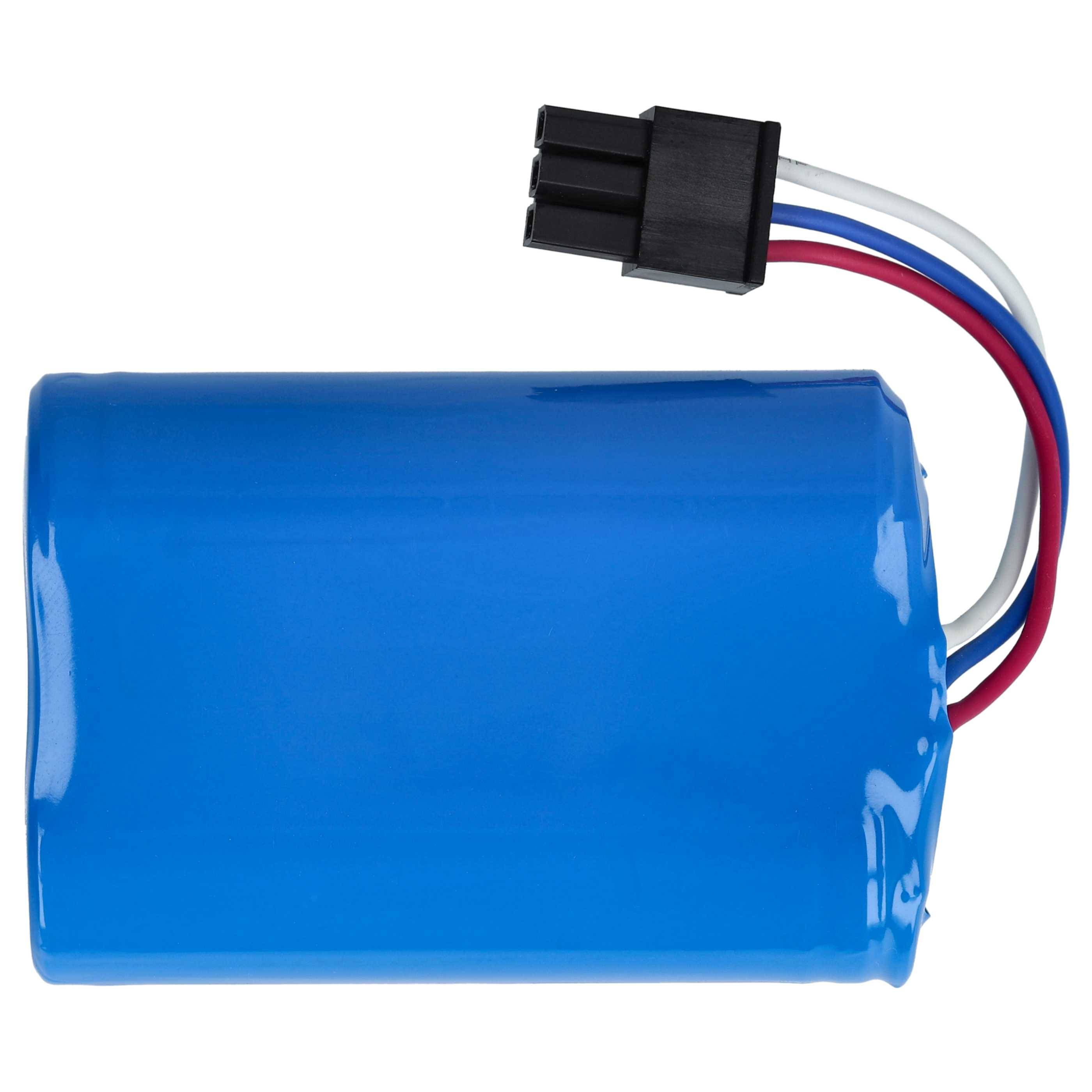 Eine blaue zylindrische Batterie mit roten, weißen und schwarzen Kabeln, die an einem Ende herausragen und mit einem schwarzen Plastikverbinder verbunden sind.