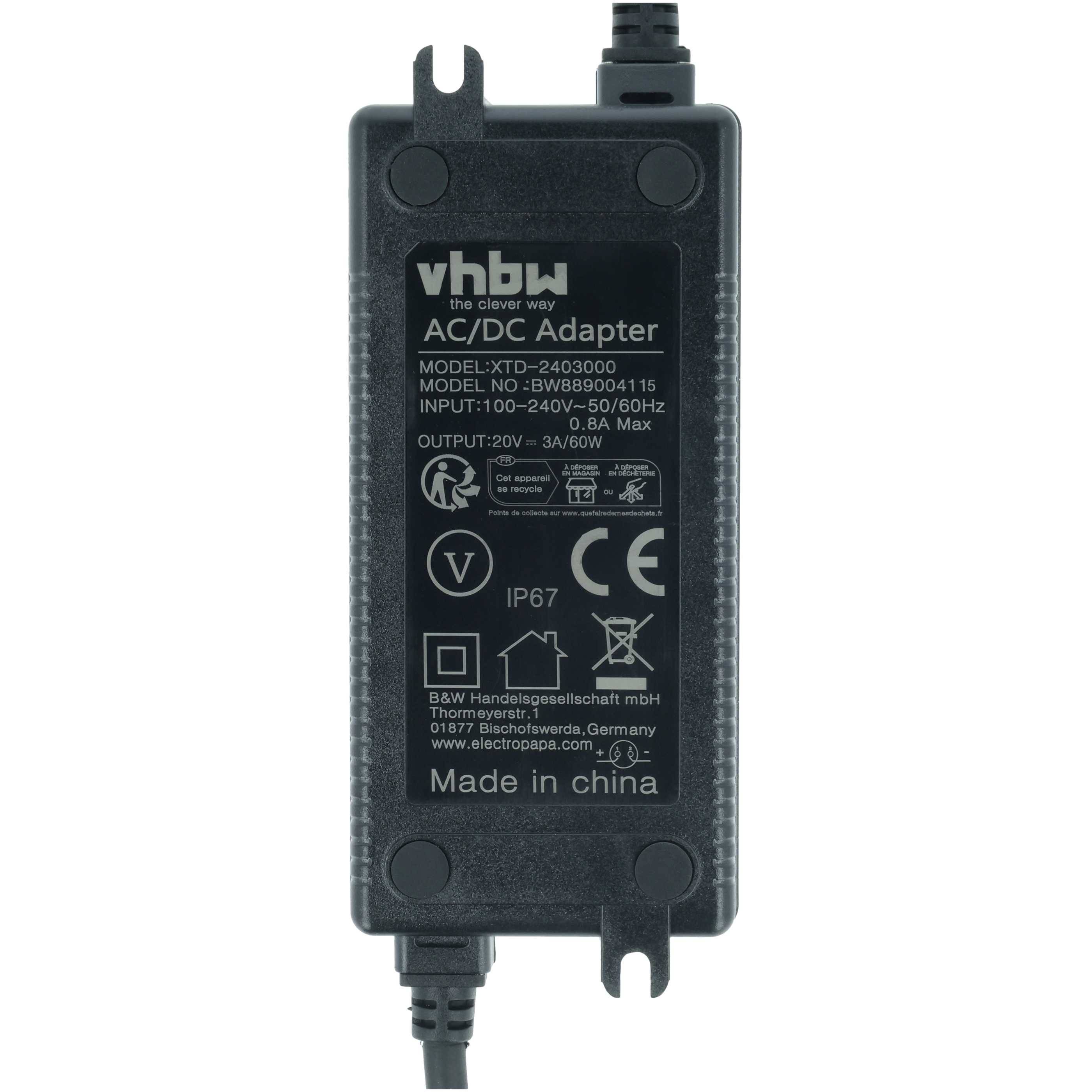 Ein AC/DC-Adapter mit Modellnummer XTD-2400300, Eingabe 100-240V, 50/60Hz und Ausgabe 24V, 0,8A, hergestellt in China. Enthält CE- und Recycling-Symbole.