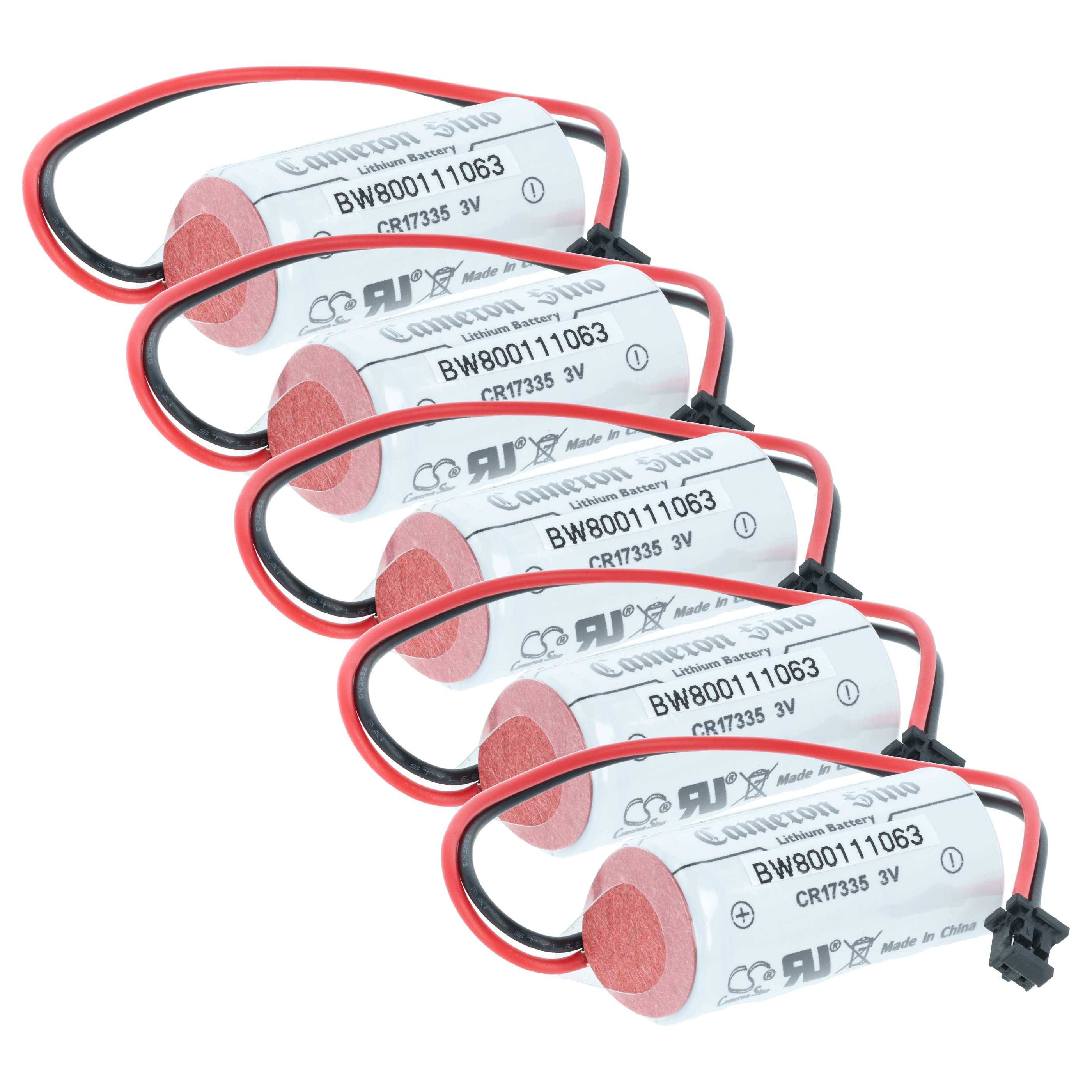 Fünf zylindrische Batterien, beschriftet mit 'BW800111063 CRT7335 3V', die in Reihe mit roten und schwarzen Kabeln verbunden sind, möglicherweise für elektronische Geräte.
