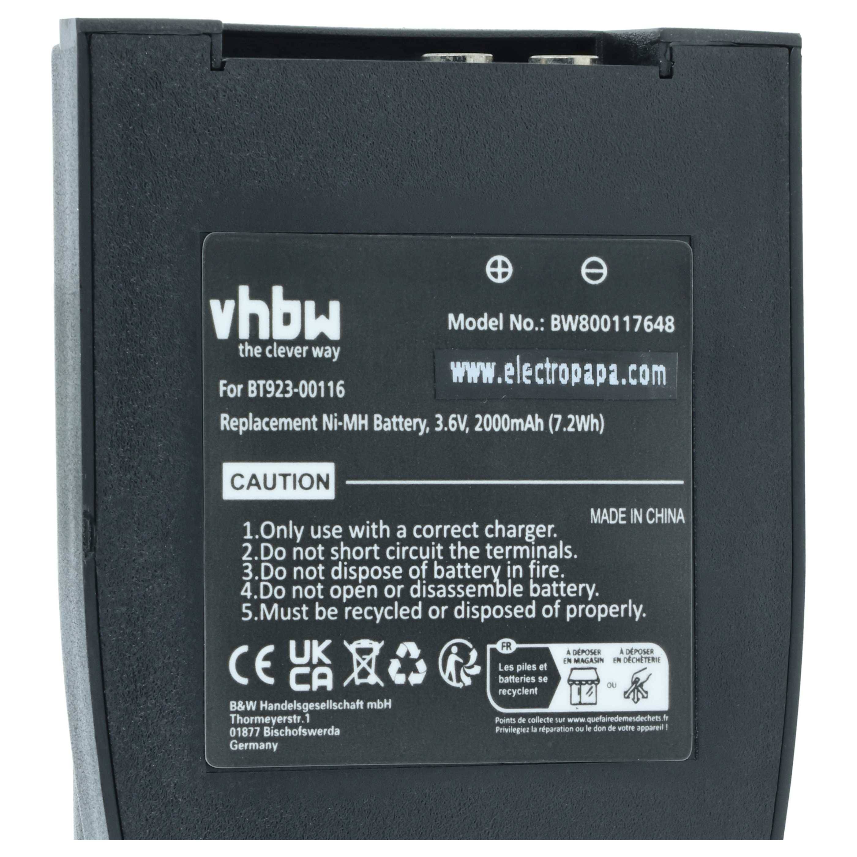 vhbw Akku Ersatz für Laird BT923-00116, BAT-0000327 für Industrie-Funkfernsteuerung Fernbedienung (2000 mAh, 3,6 V, NiMH) - Schwarz