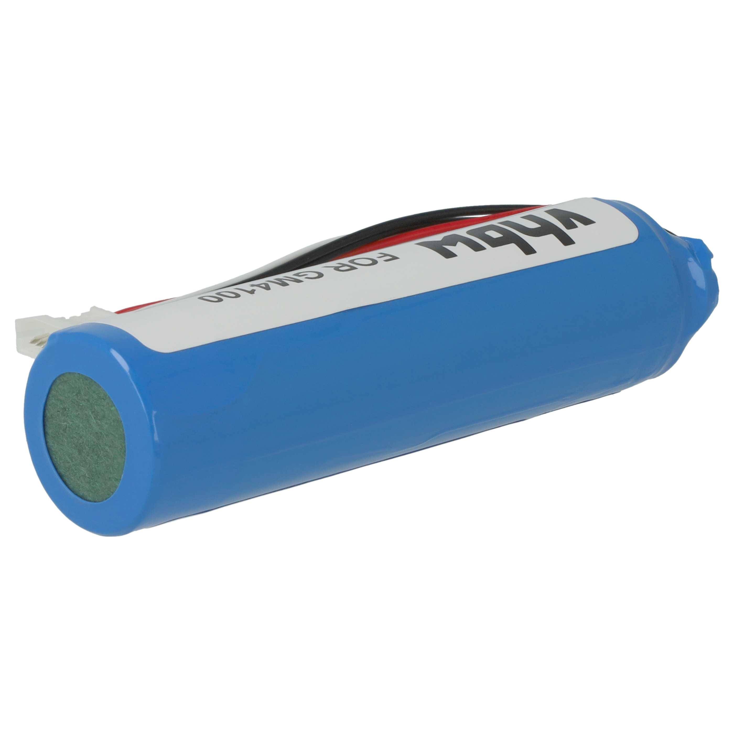 Eine blaue zylindrische Batterie mit einem Etikett, auf dem teilweise der Text 