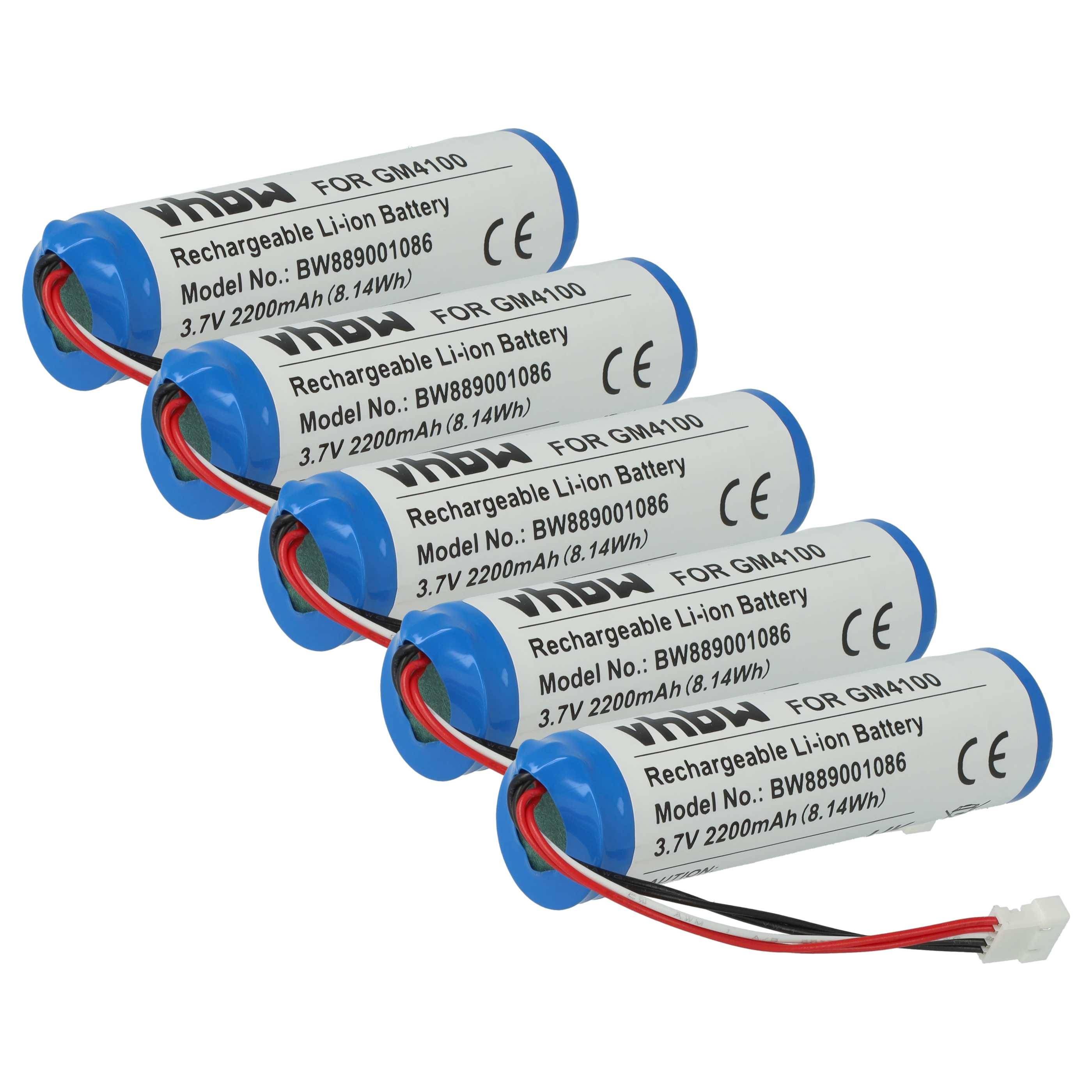 Fünf blaue wiederaufladbare Li-Ionen-Batterien für GM4100, Modell-Nr.: BW88901086, 3,7V 2200mAh (8,14Wh), mit roten und schwarzen Anschlusskabeln.
