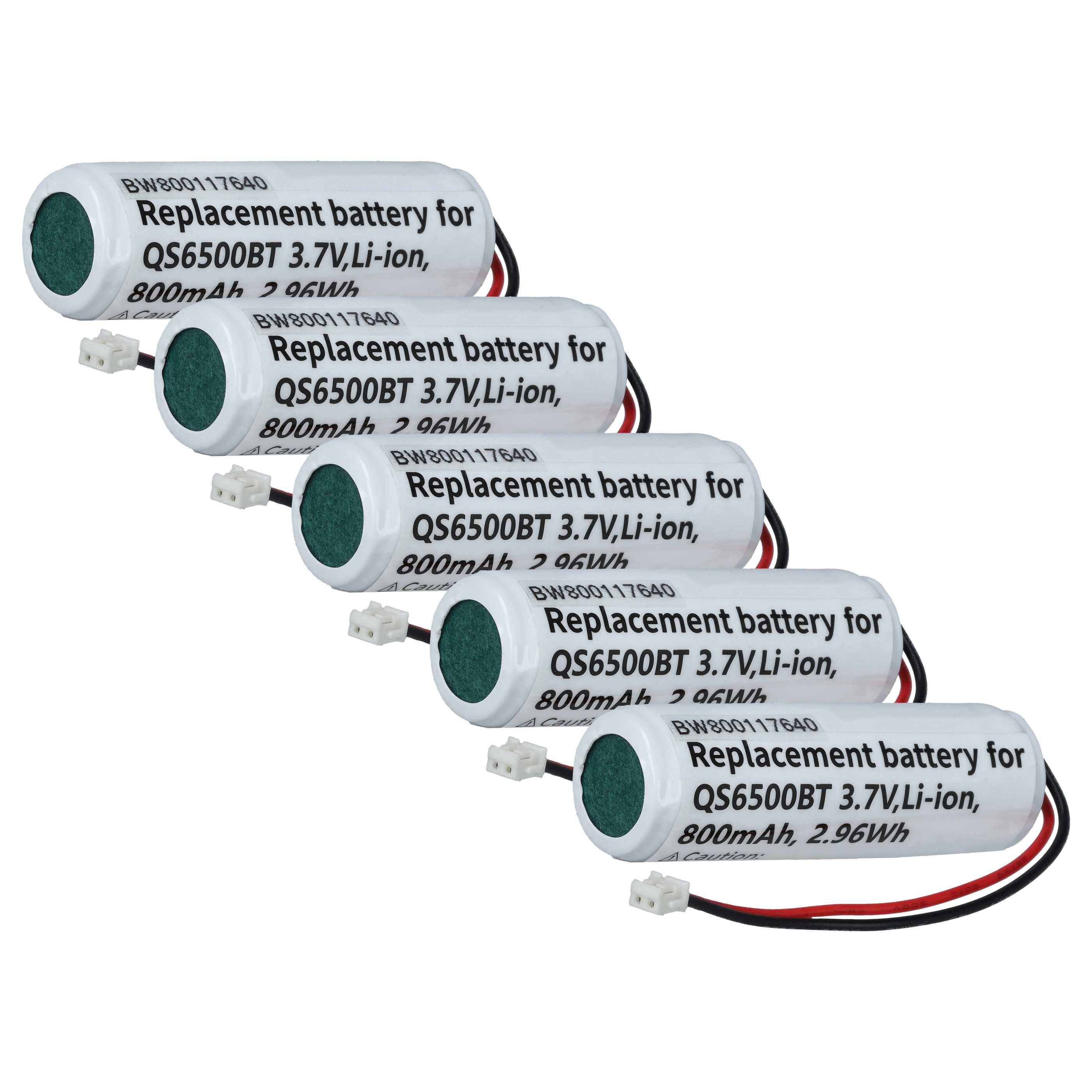 Fünf zylindrische Ersatzbatterien für Q5G500BT, jeweils gekennzeichnet mit 3,7V, Li-Ion, 800mAh, 2,96Wh, mit einem zweiadrigen Anschluss.