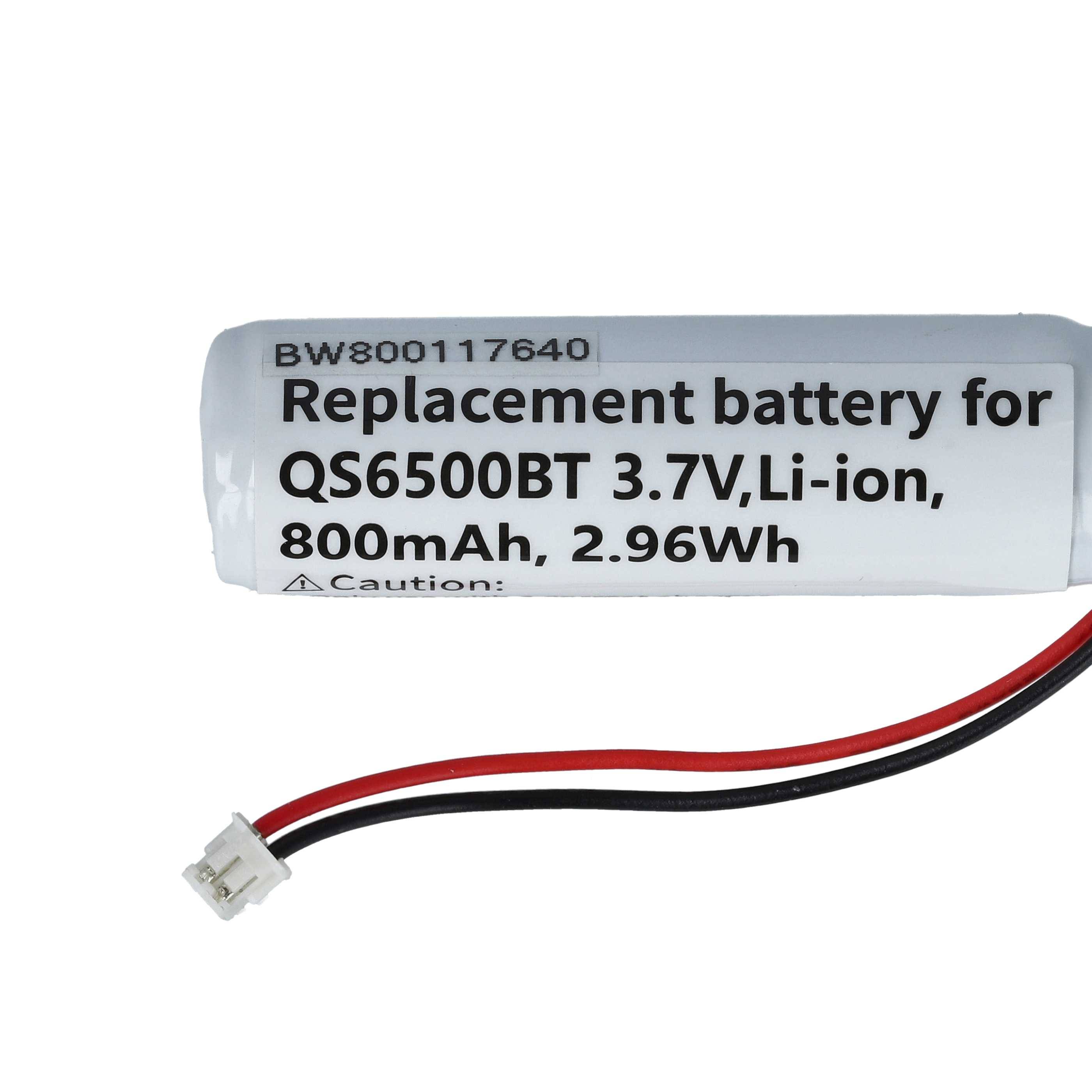 Ersatzbatterie für QS6500BT, 3,7V, Li-Ion, 800mAh, 2,96Wh. Weiße Zylinderbauform mit Anschlussleitung.